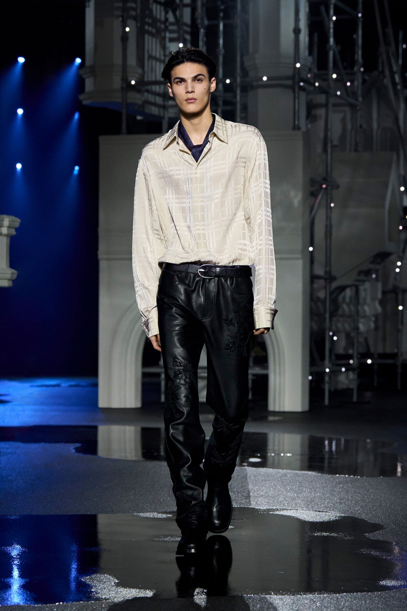 beige checked shirt black leather pants