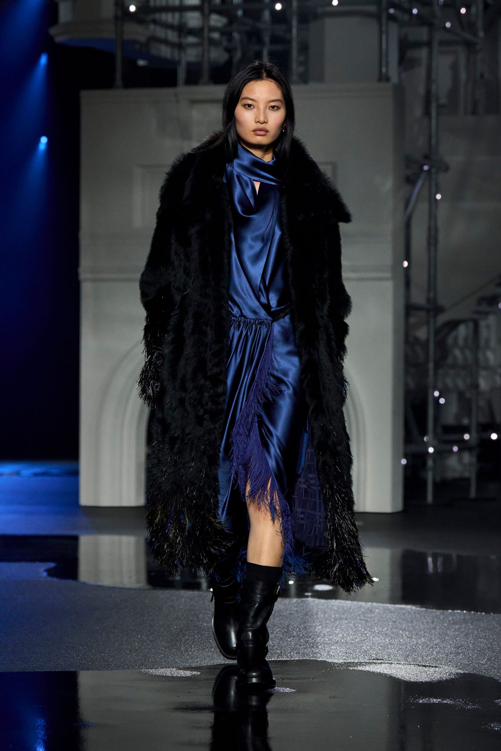 blue silk long-sleeve high-neck fitted fringed midi dress