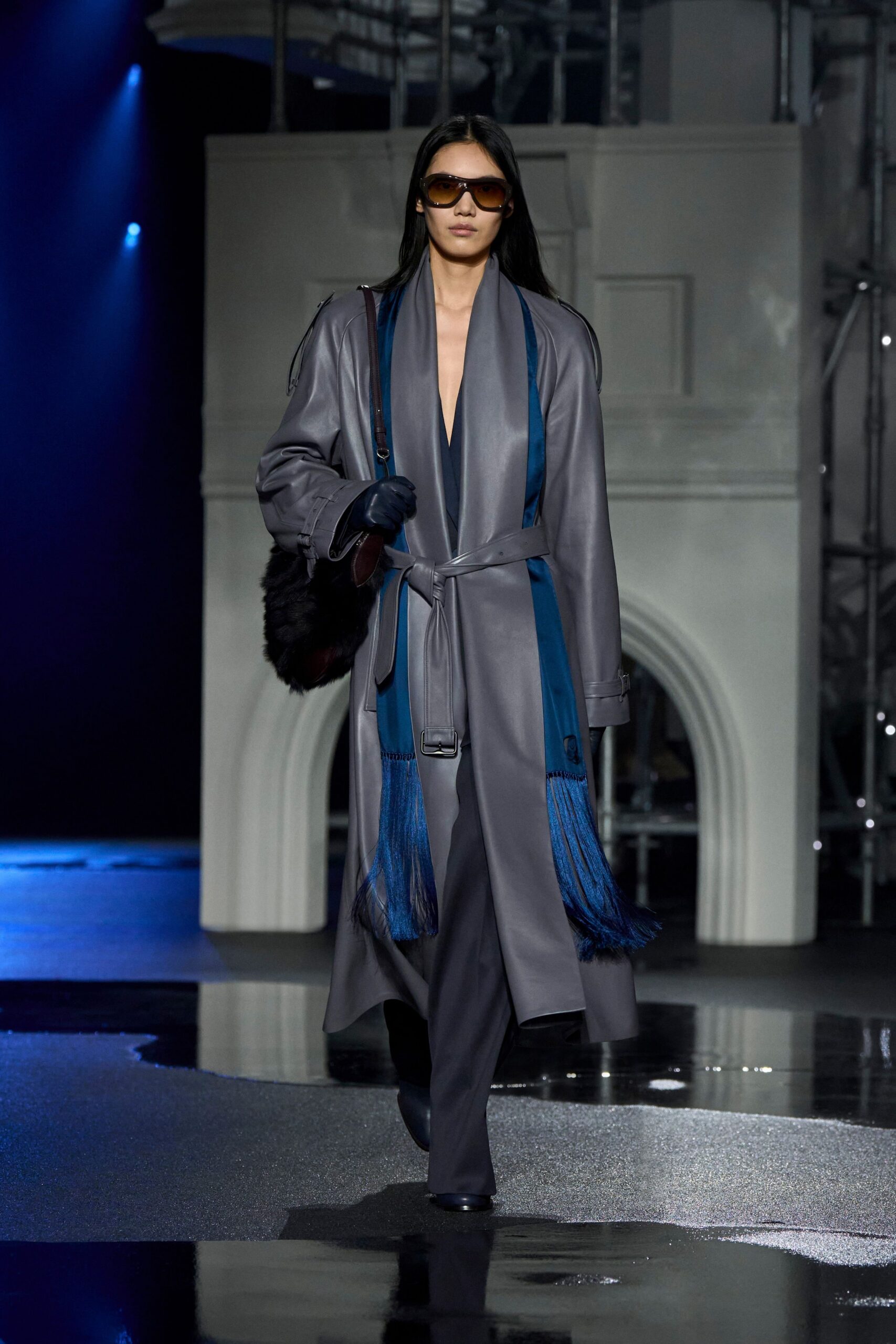 gray silk fitted straight-leg pants