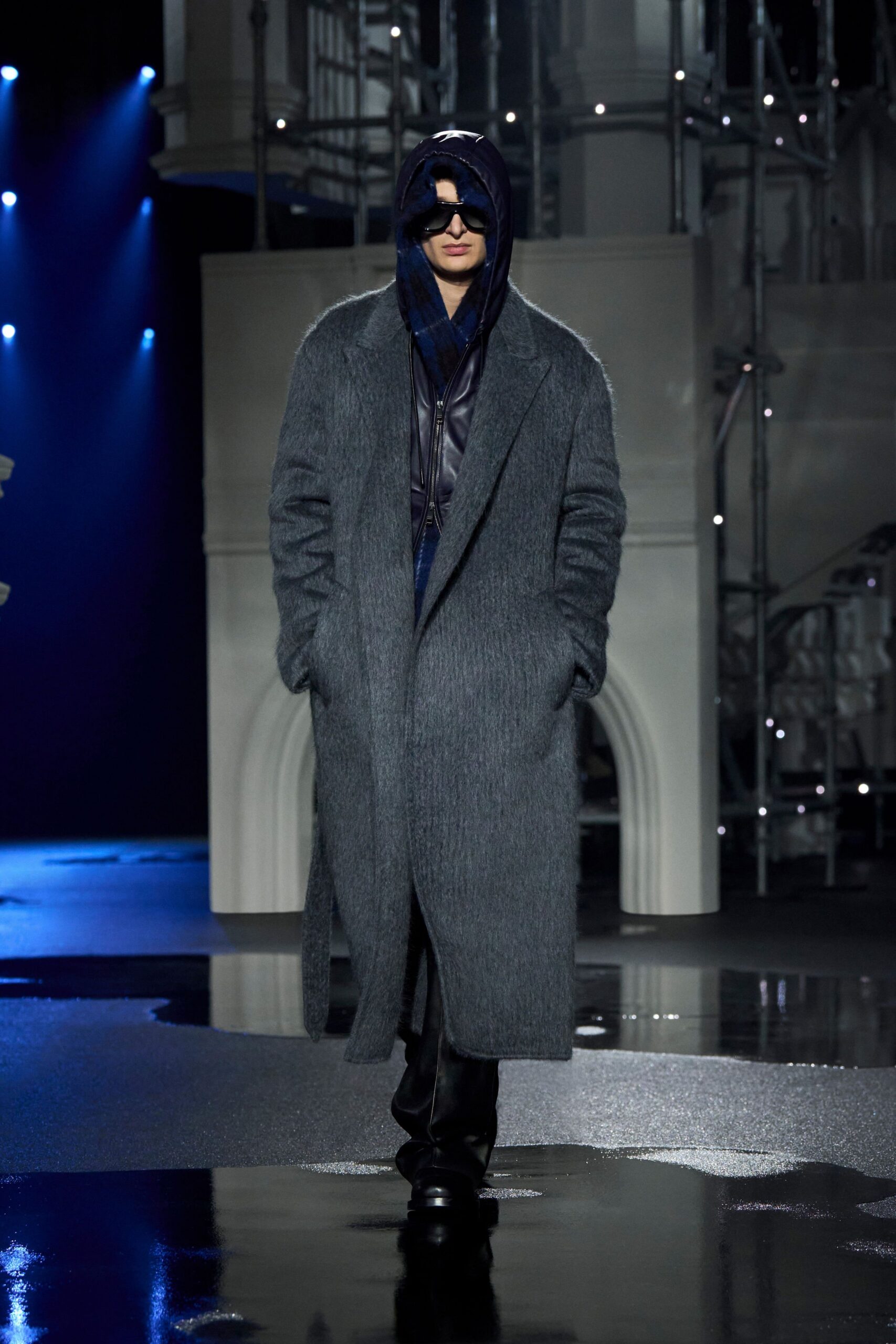 gray wool long-sleeve relaxed textured maxi coat