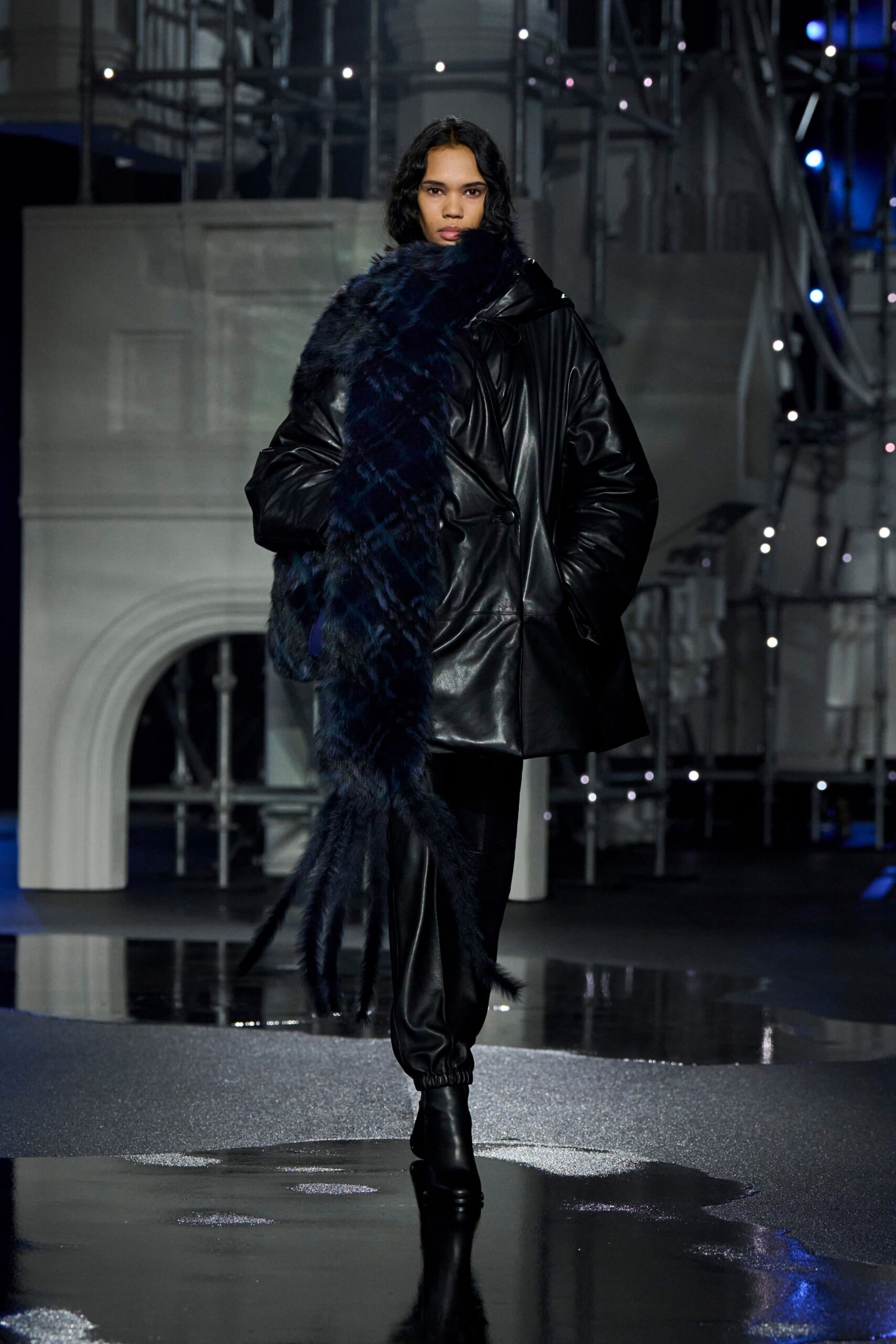 black leather long-sleeve collared oversized coat