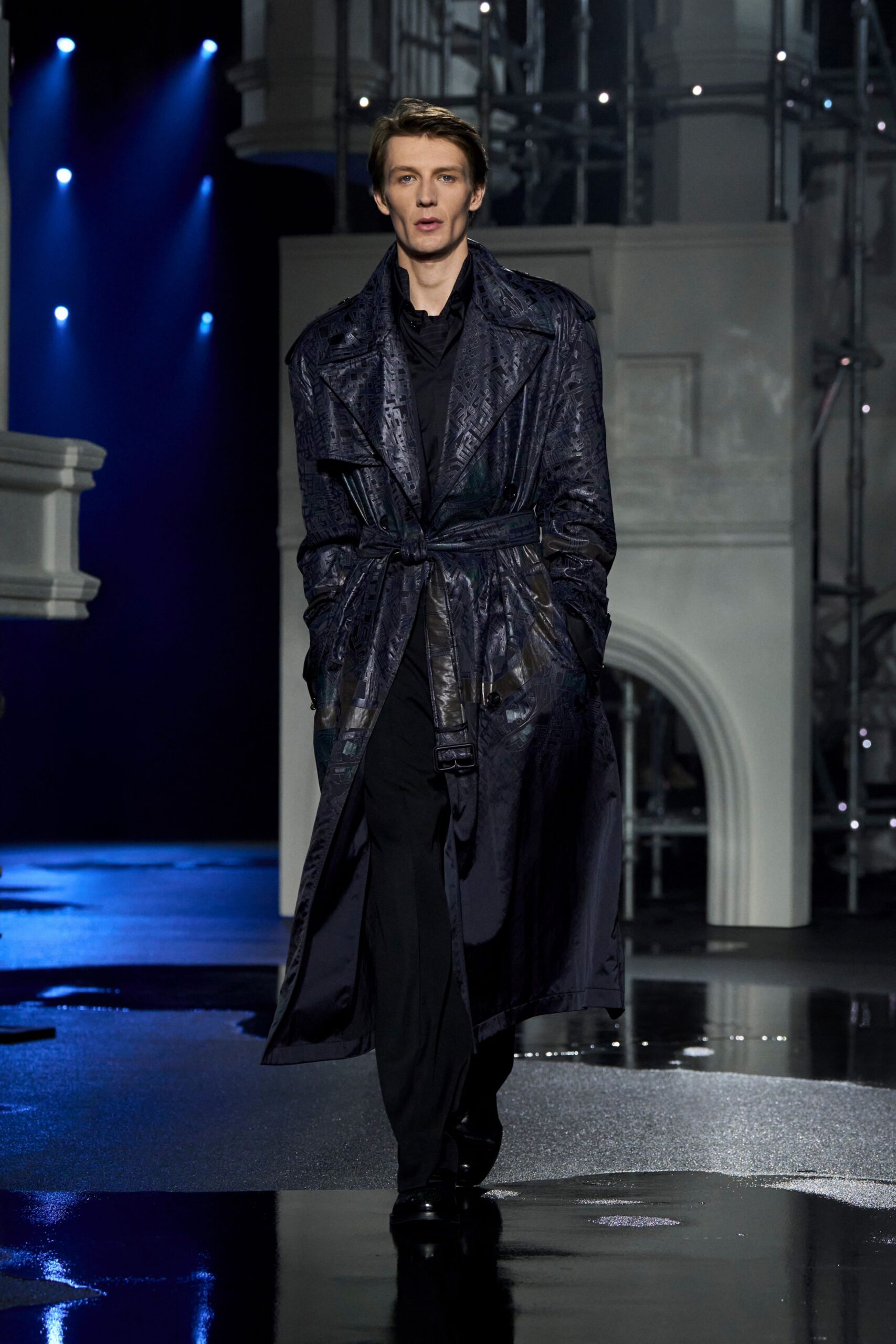 black silk long-sleeve collared relaxed belted textured coat