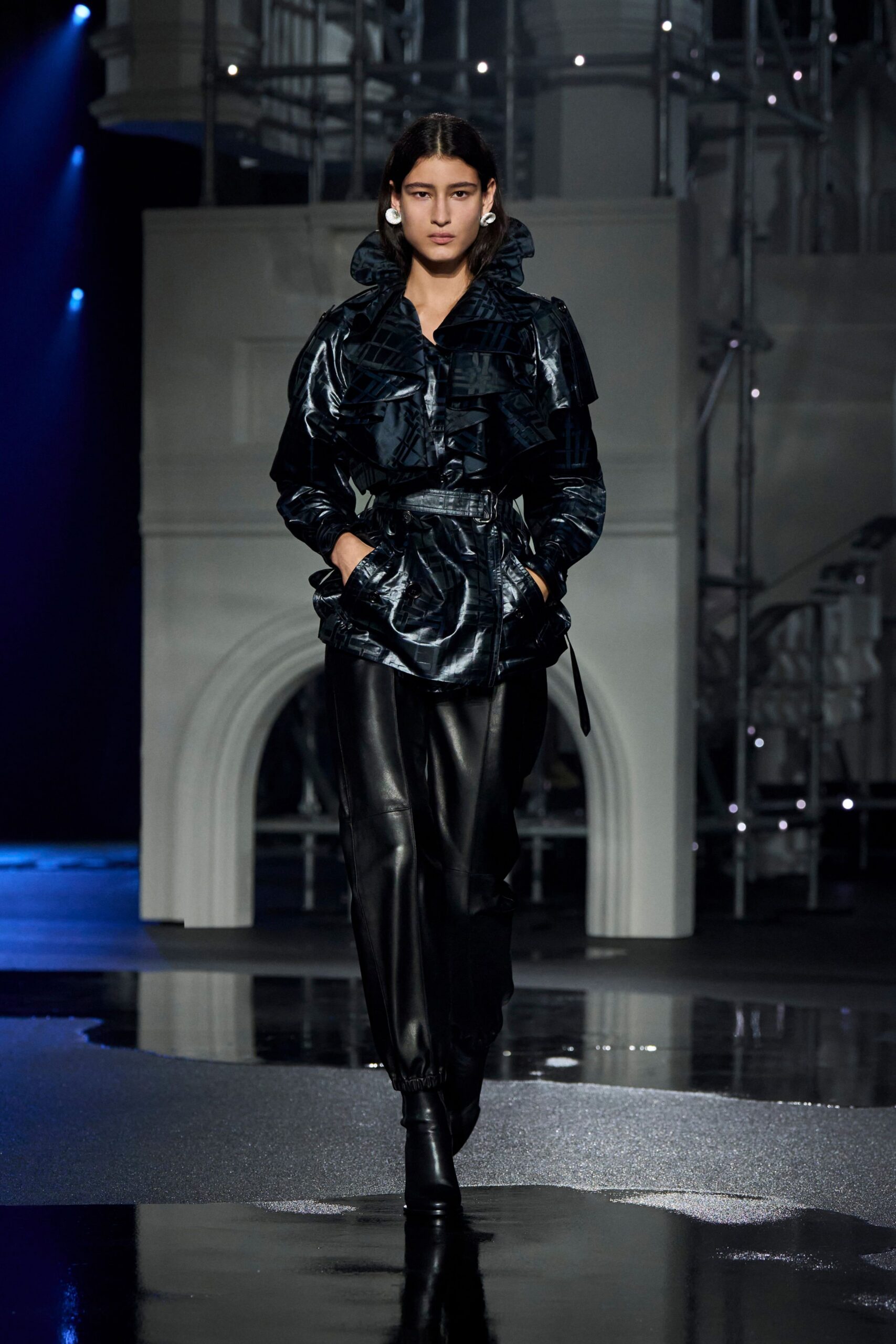 black velvet long-sleeve collared fitted ruffled belted jacket