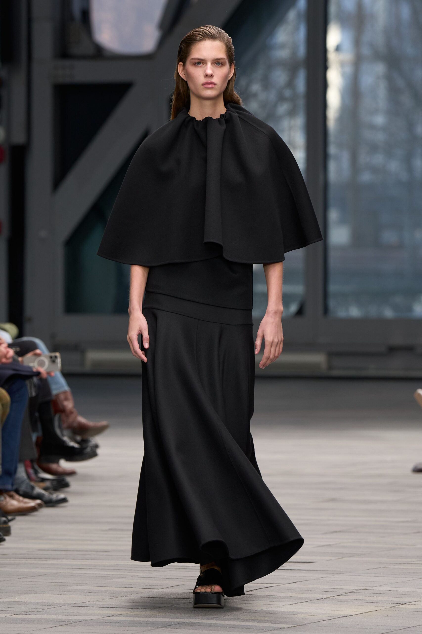 black wool fitted flared maxi skirt
