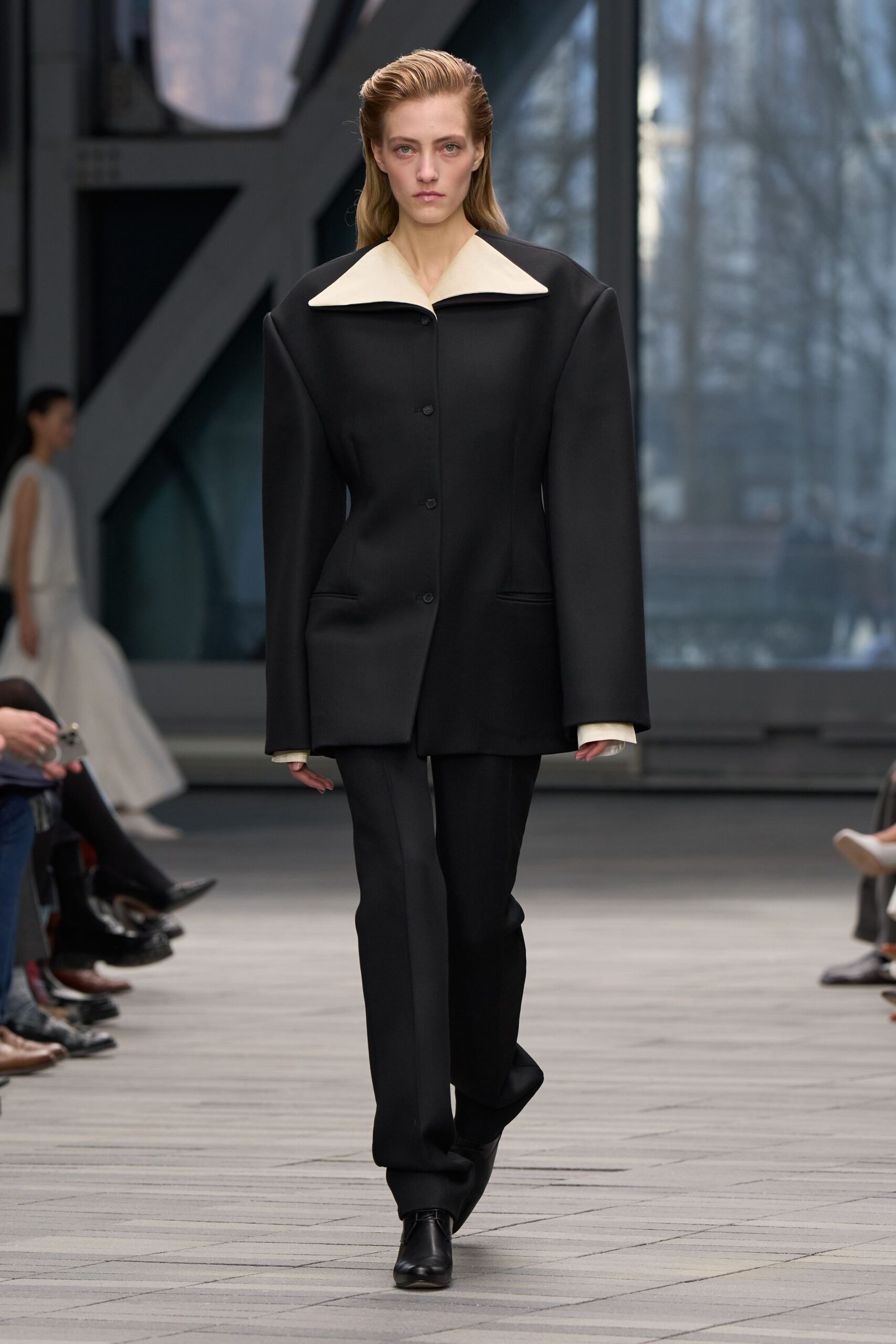 oversized black wool jacket with tailored pants