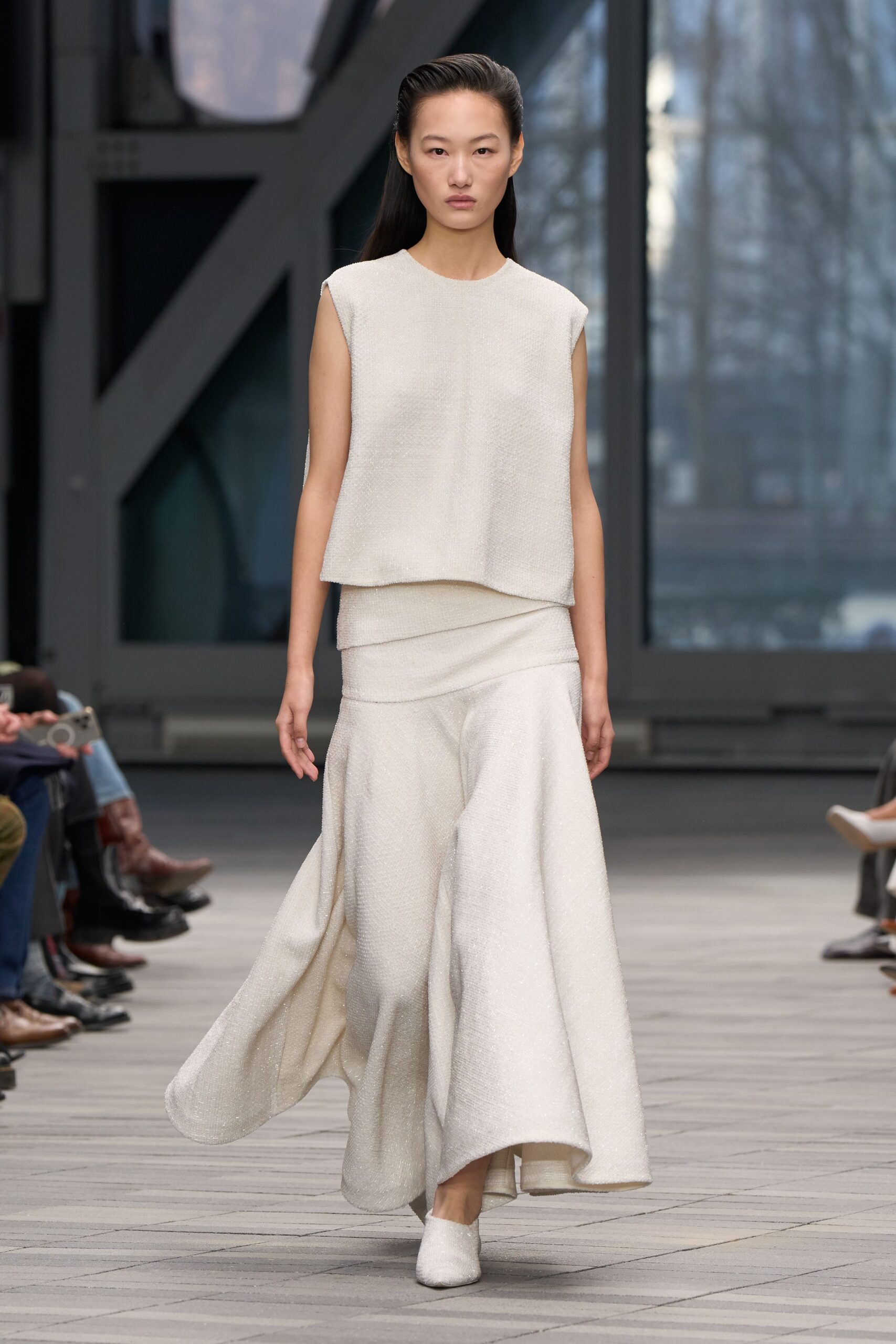 white cotton fitted flared midi skirt