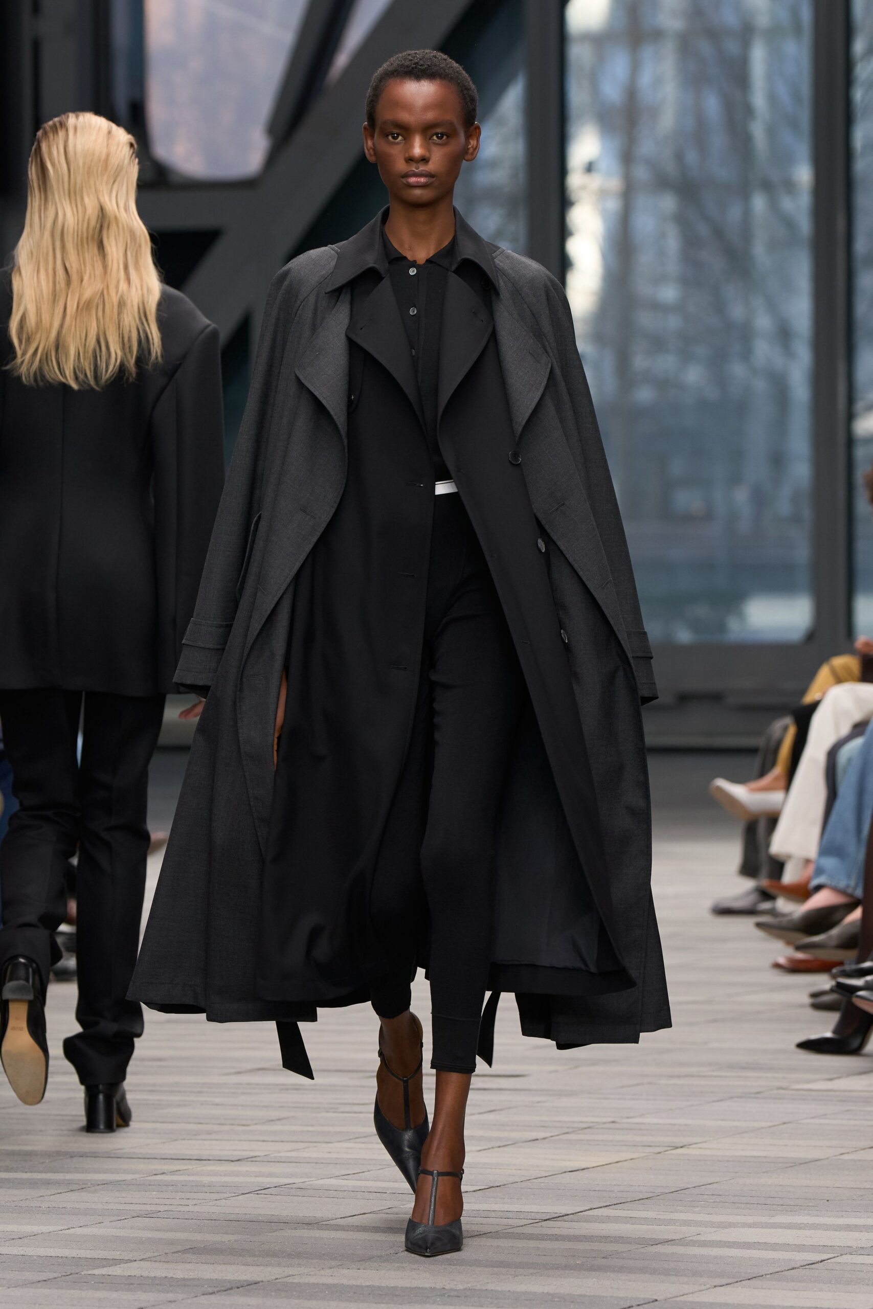 black wool long-sleeve collared relaxed belted maxi coat