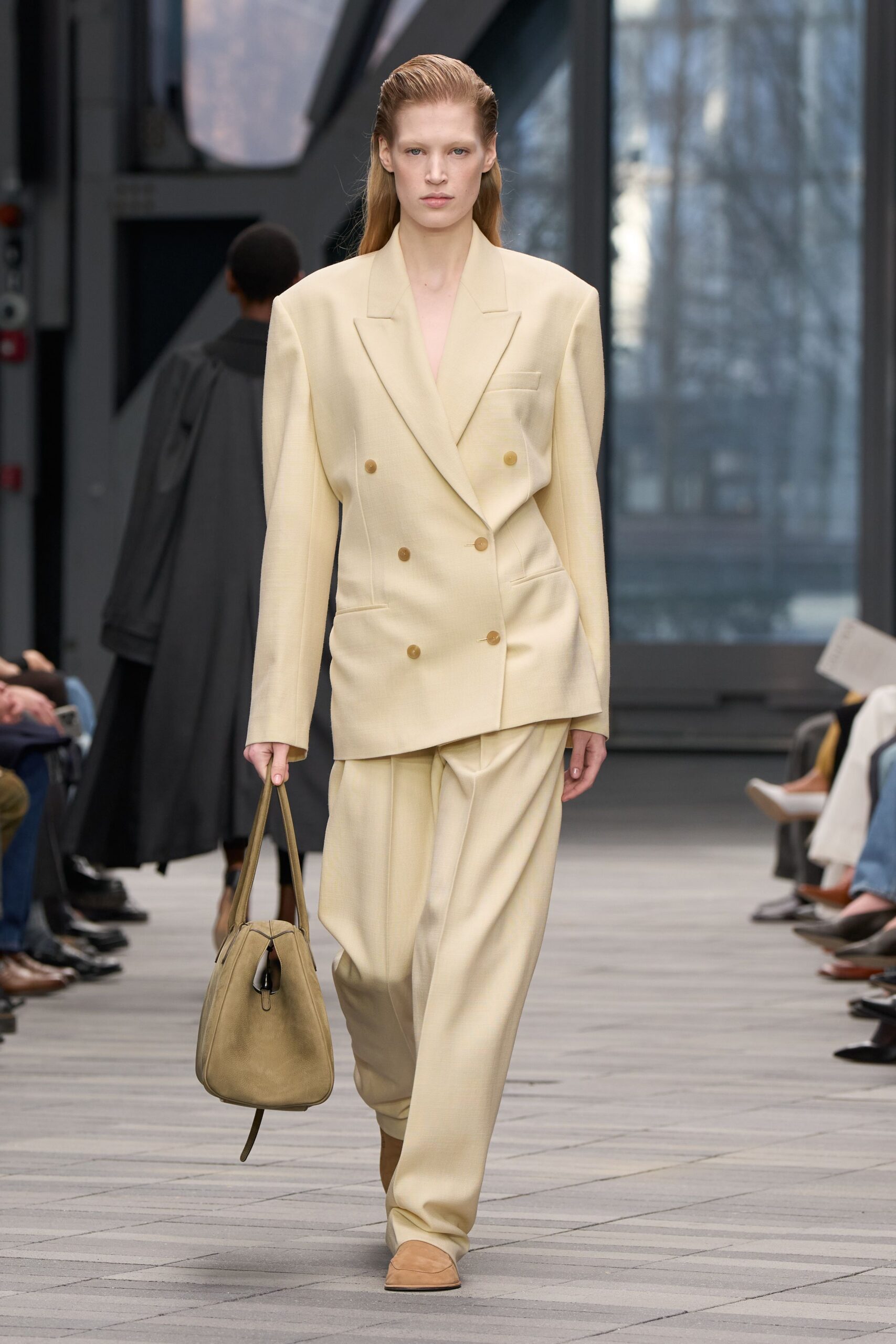 beige cotton long-sleeve collared relaxed pleated suit