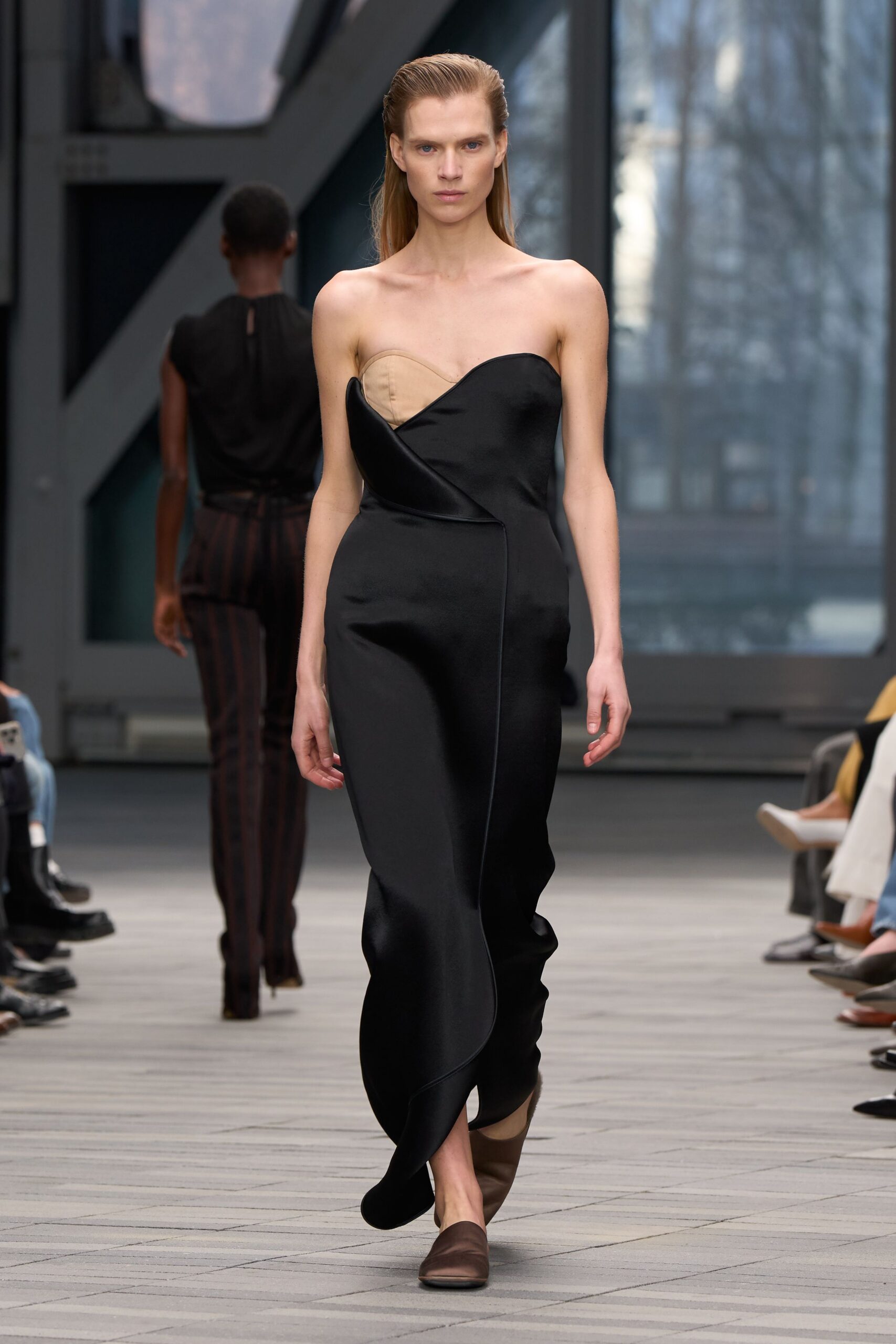 black silk strapless gown