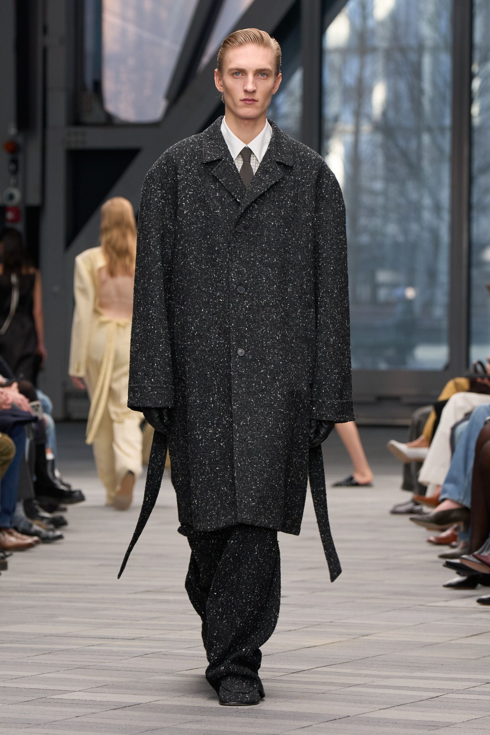 black wool long-sleeve collared oversized textured coat