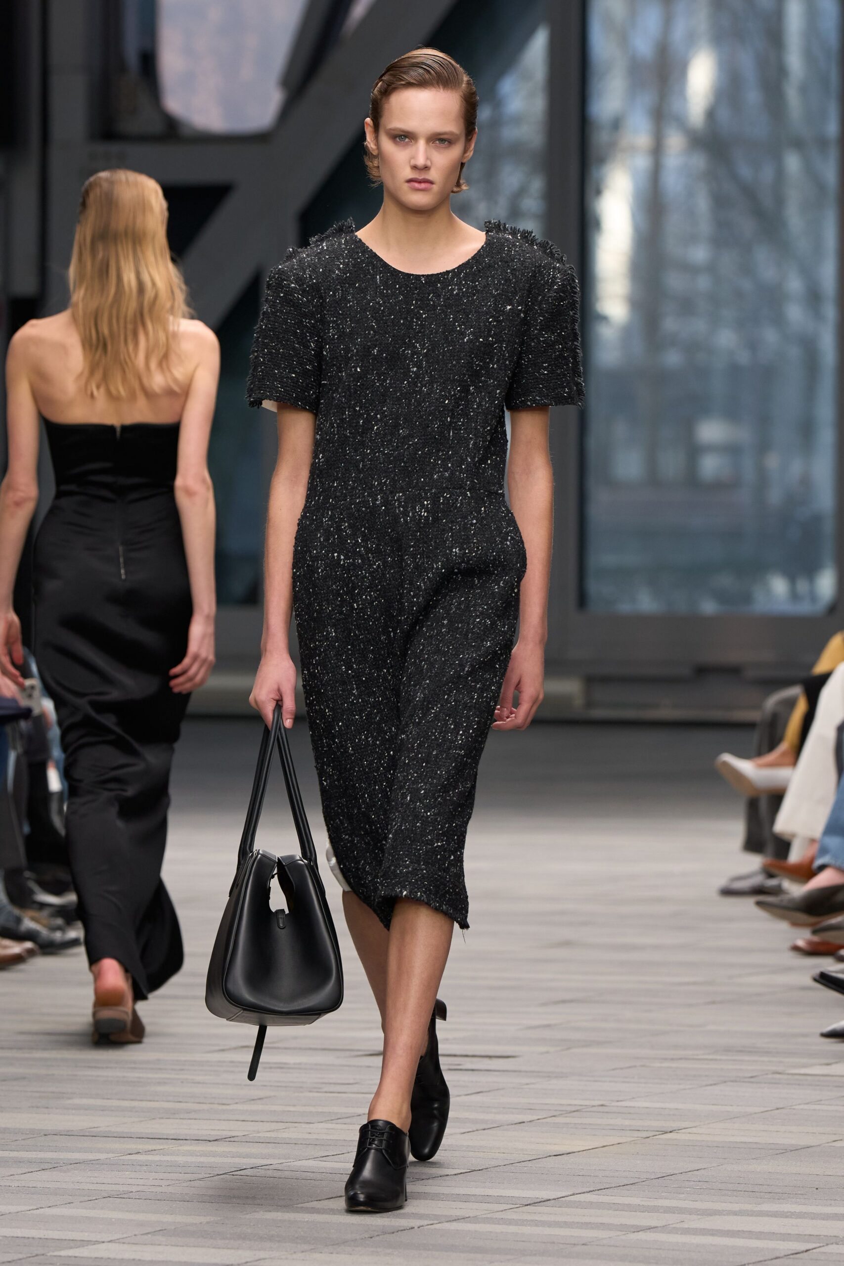 black cotton short-sleeve v-neck fitted textured midi dress