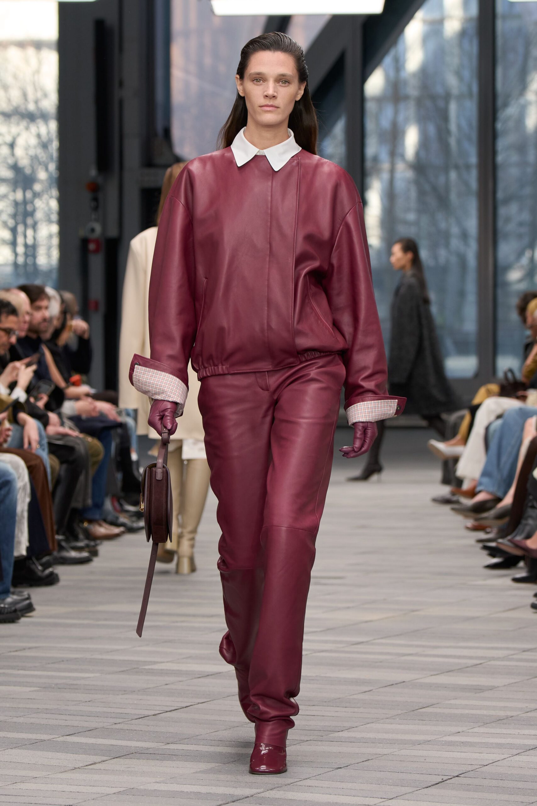 red leather long-sleeve collared relaxed top