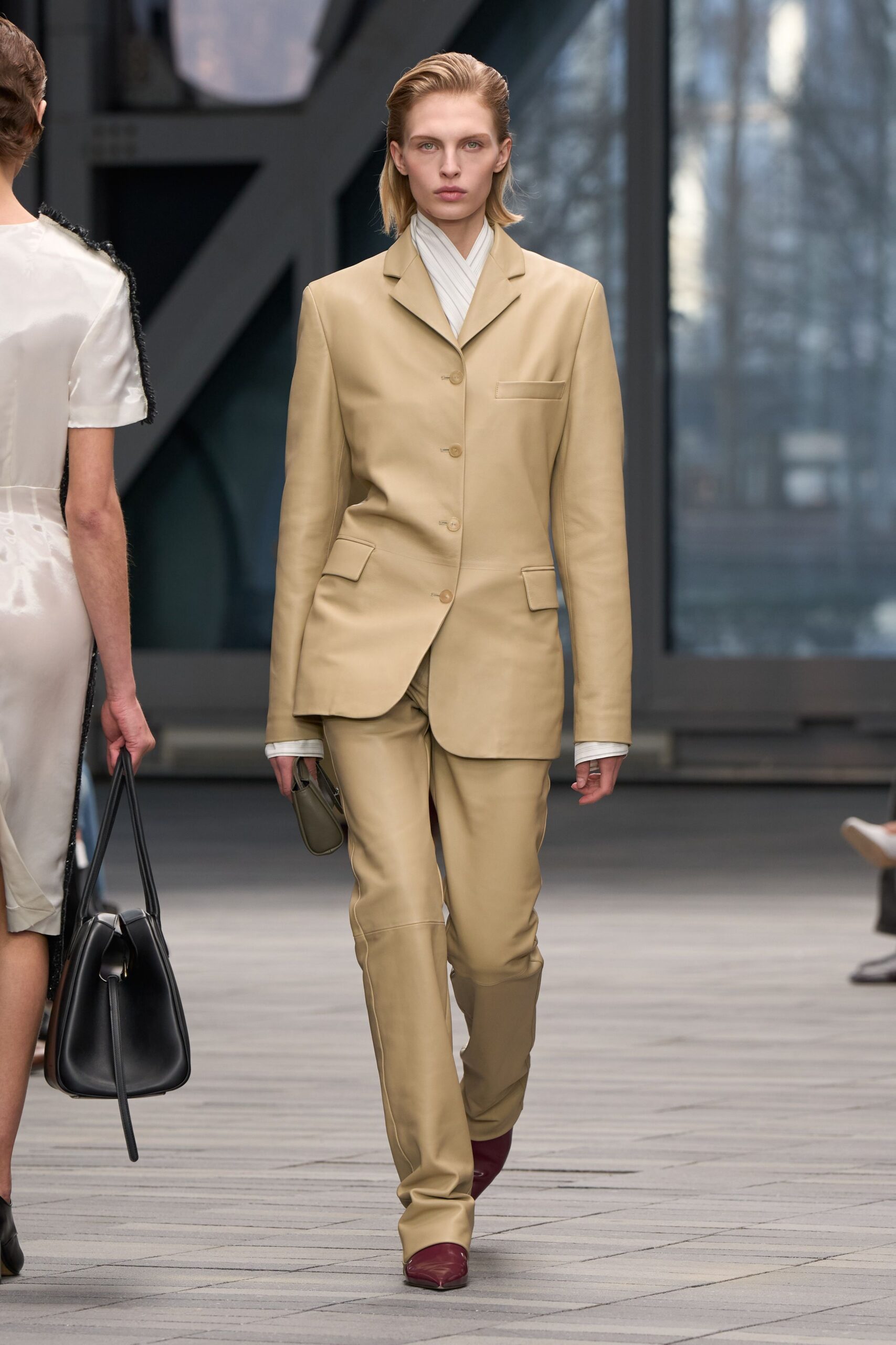 beige leather long-sleeve collared tailored suit