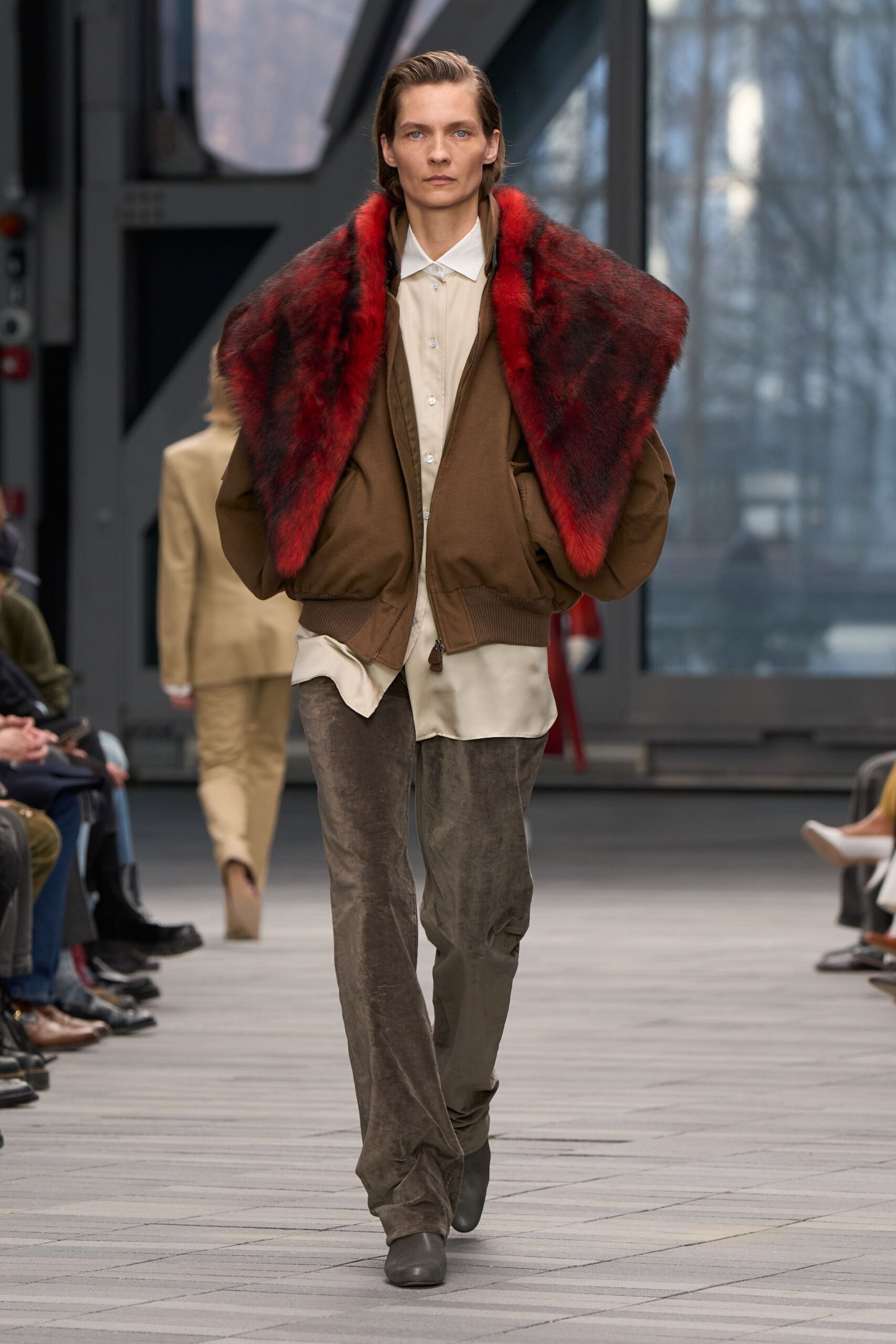 brown fur long-sleeve relaxed layered jacket