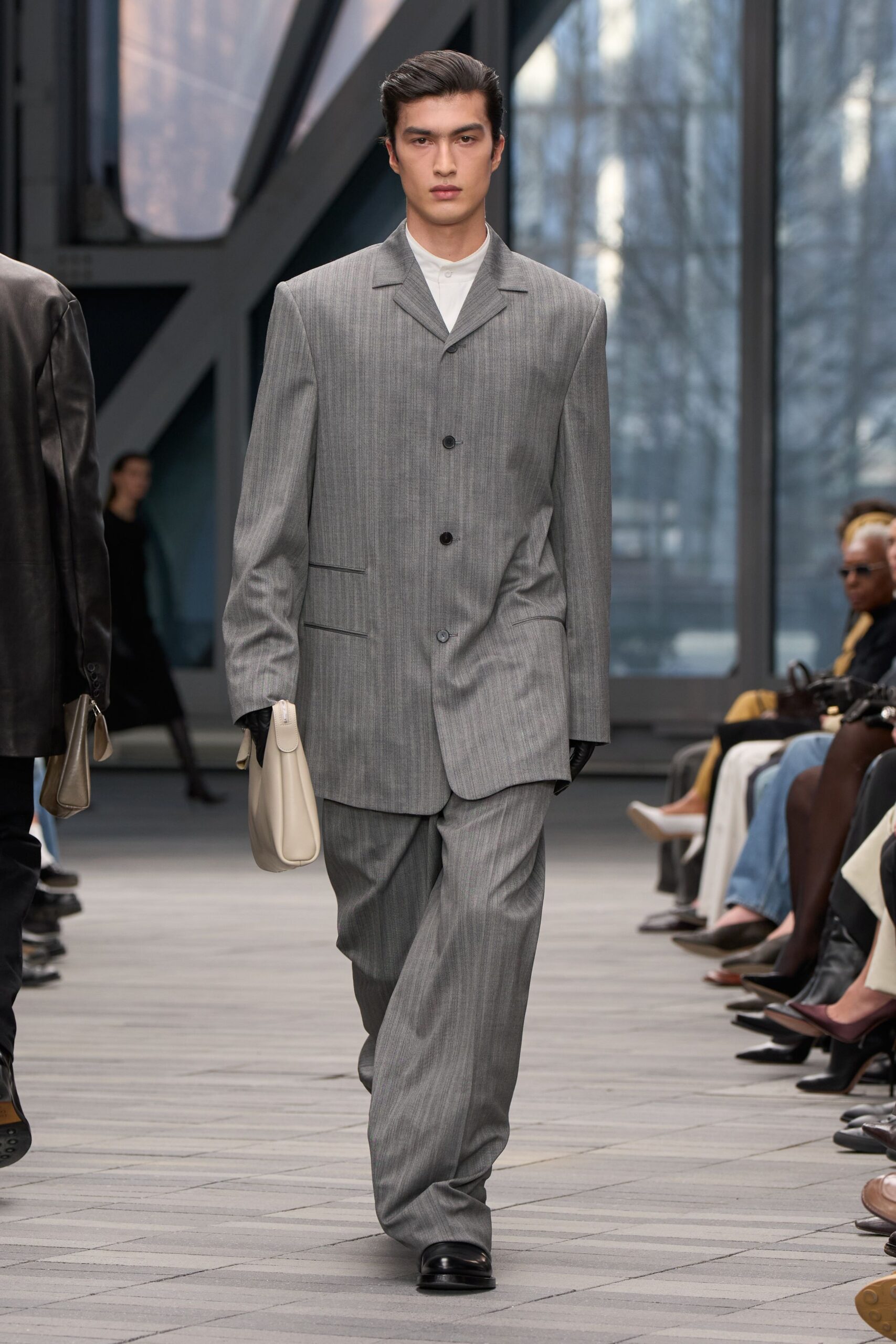 gray wool long-sleeve collared tailored buttoned straight-leg suit