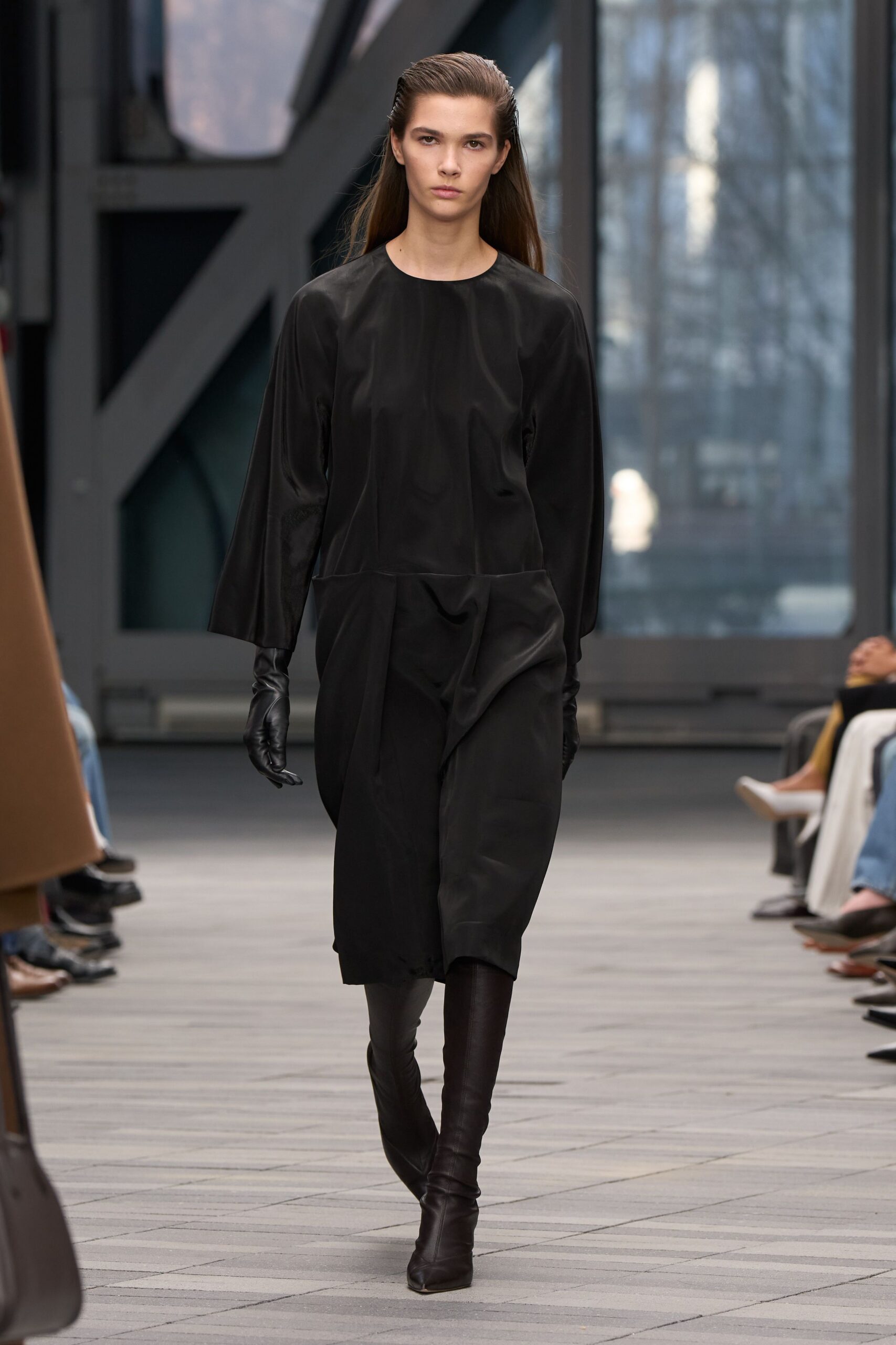 black silk midi dress with gloves