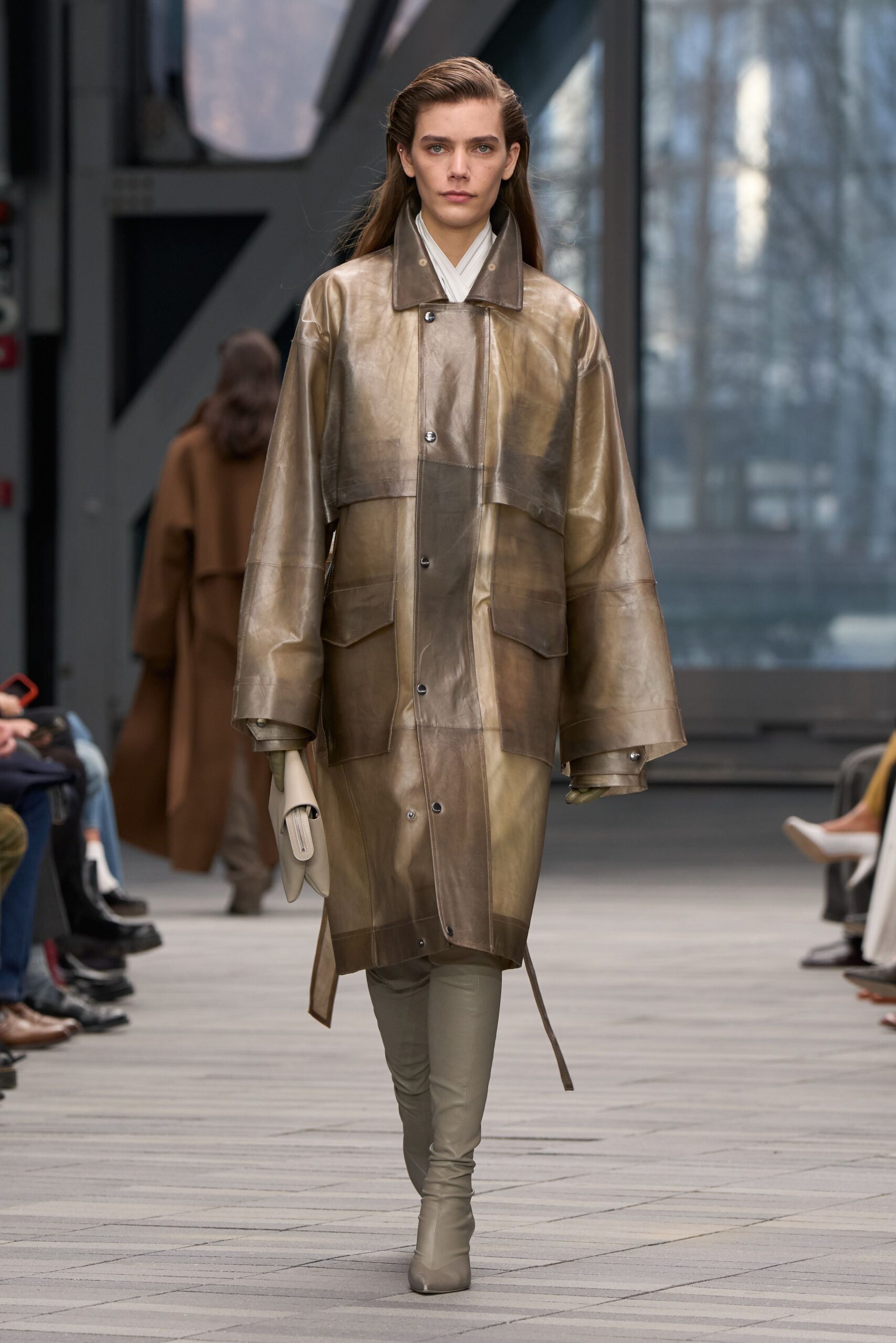 brown leather oversized coat