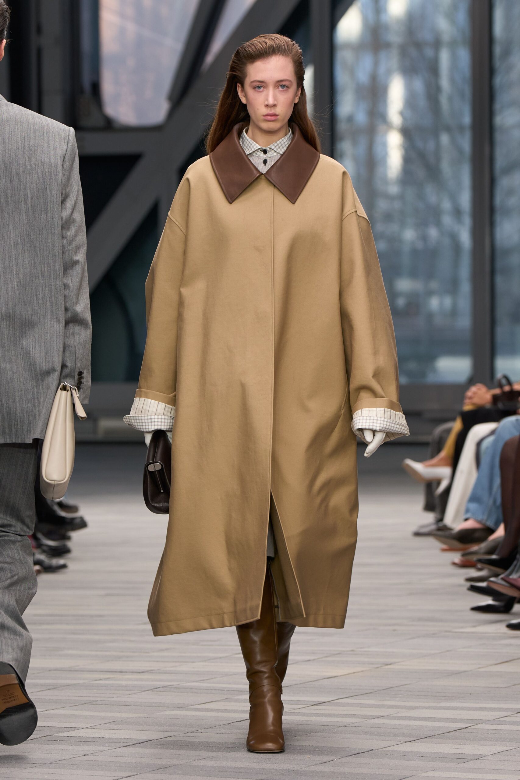 beige oversized coat with brown boots