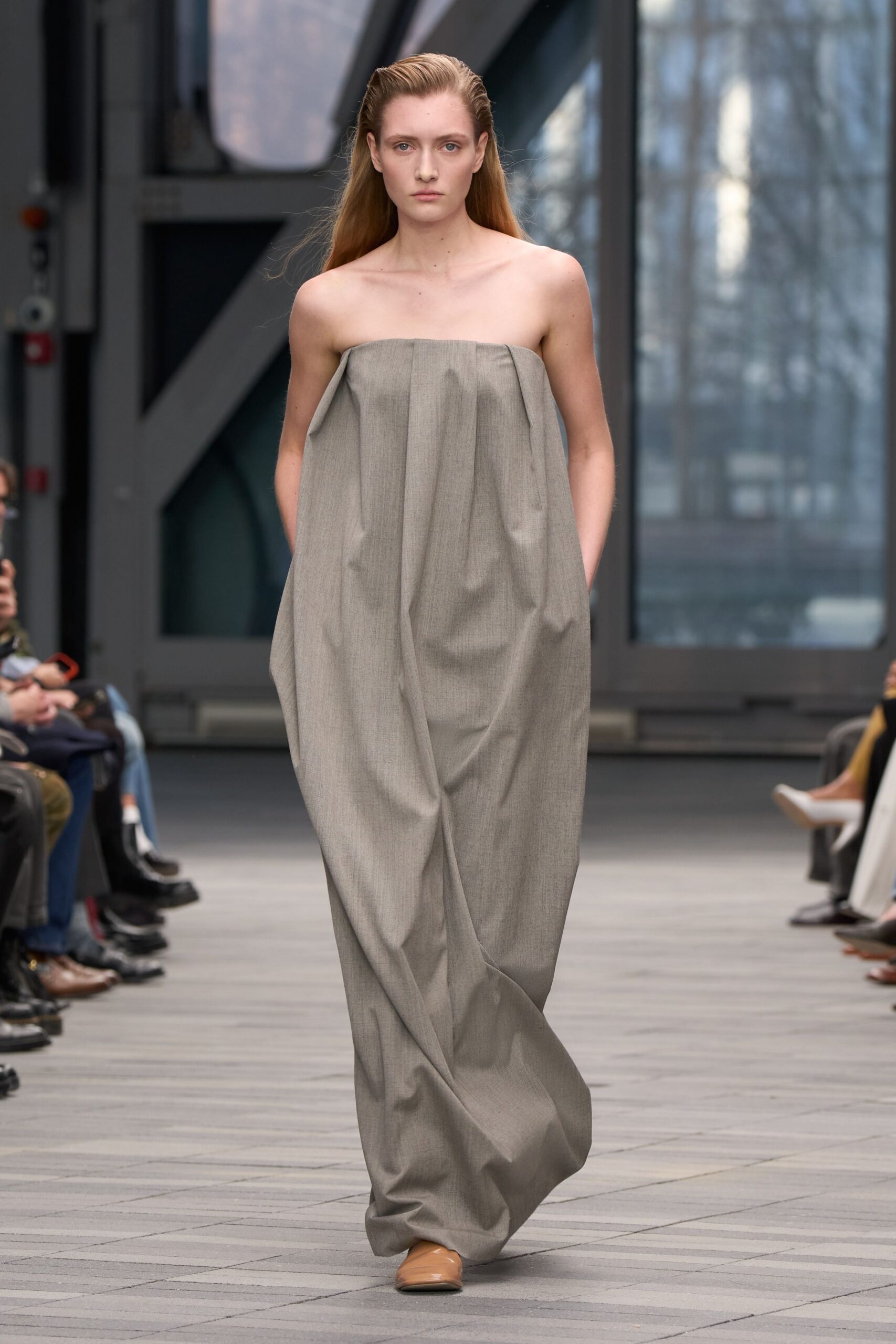 gray cotton strapless relaxed draped pockets maxi gown