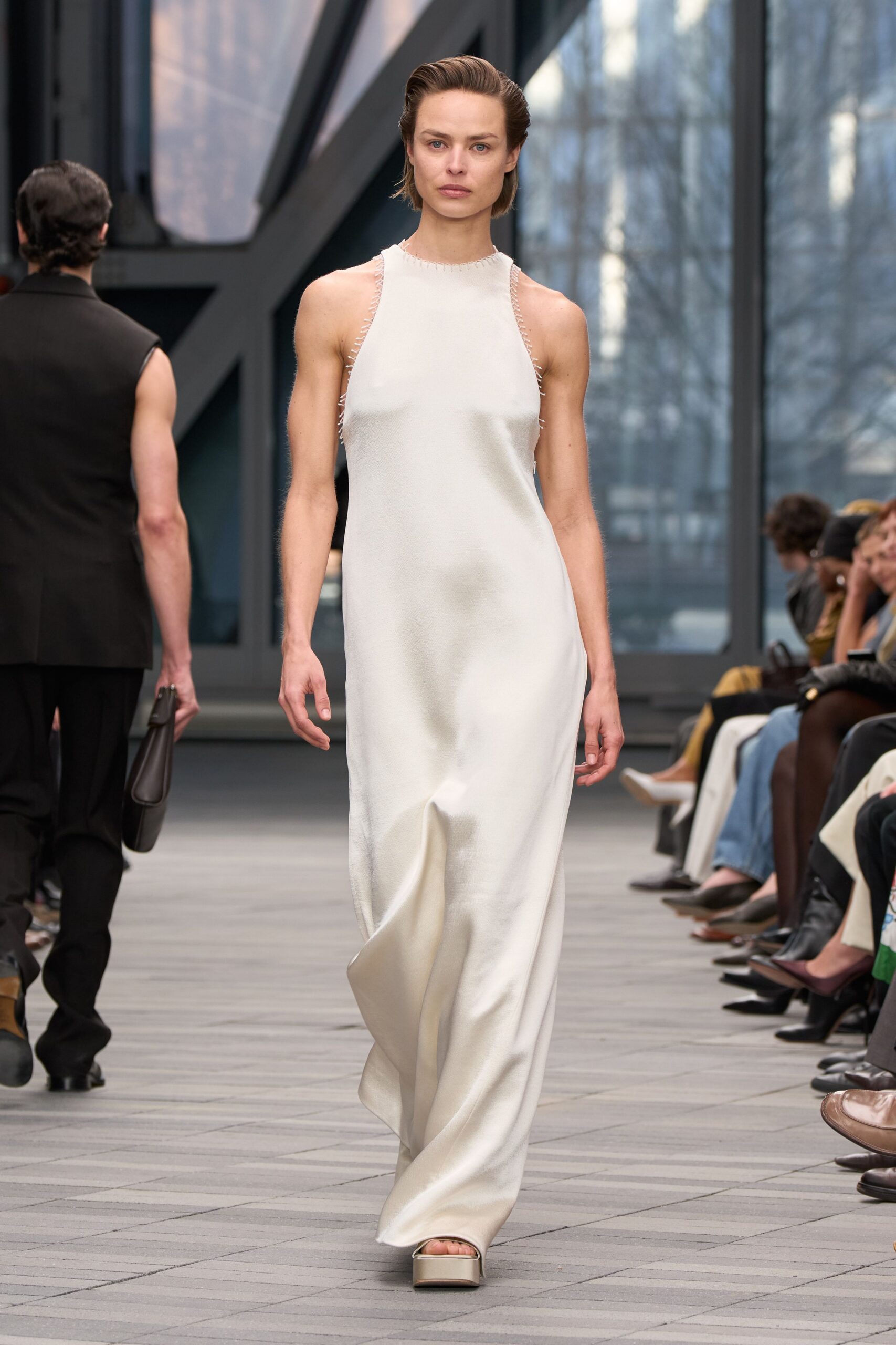white silk fitted gown