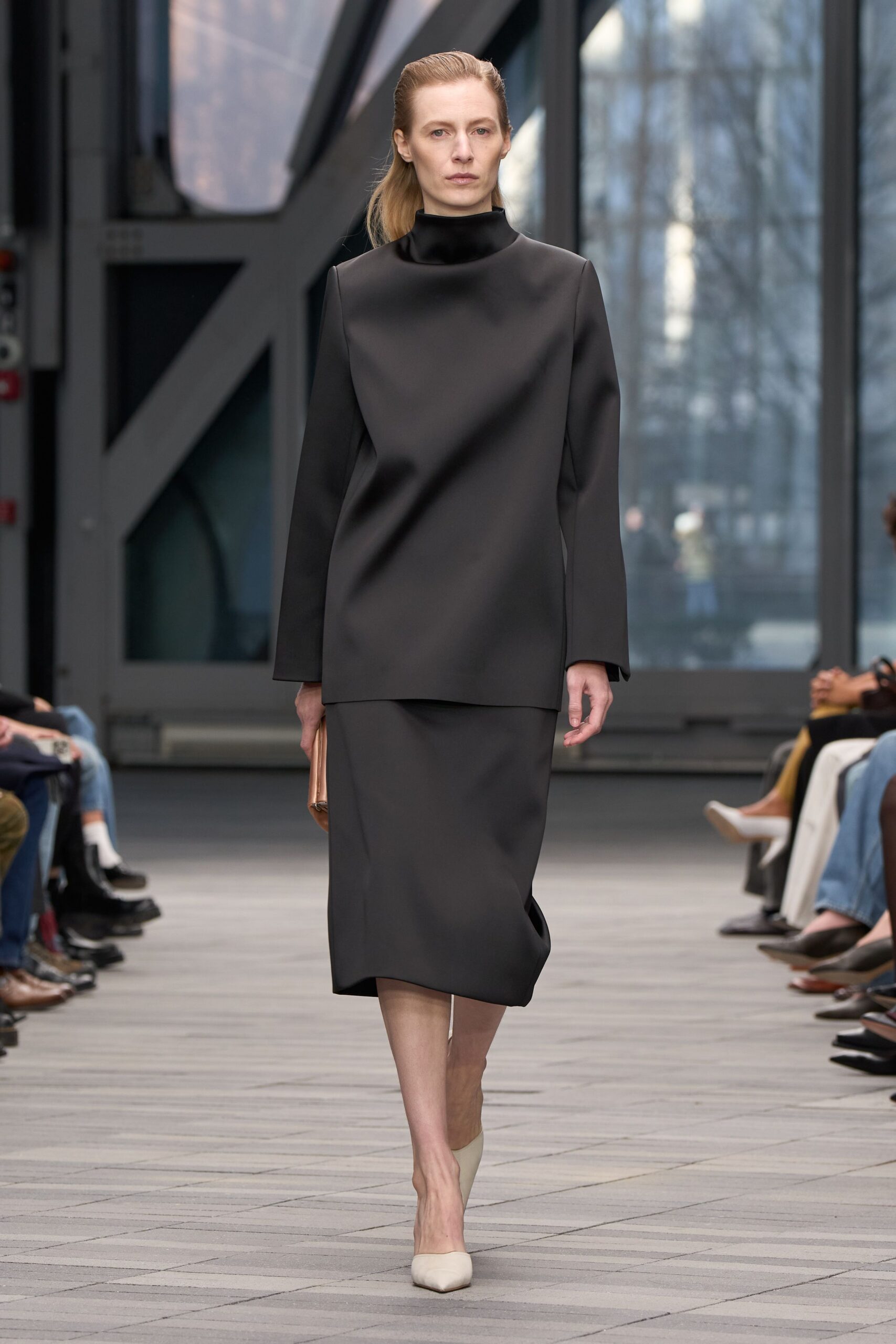black cotton long-sleeve high-neck relaxed straight-leg midi dress