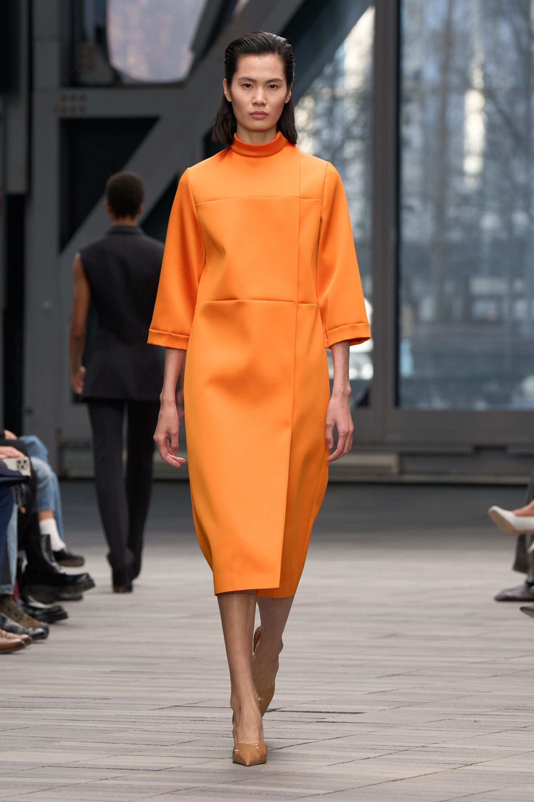 orange cotton long-sleeve high-neck fitted straight-leg midi dress