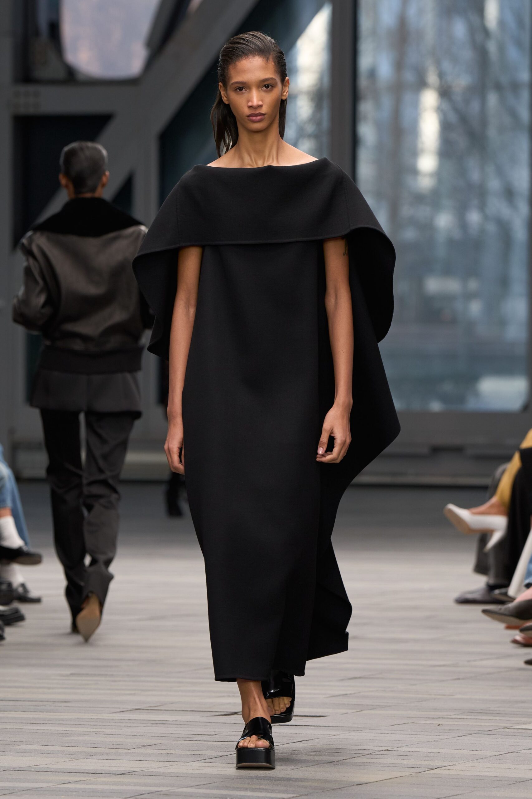black wool sleeveless off-shoulder relaxed draped maxi dress