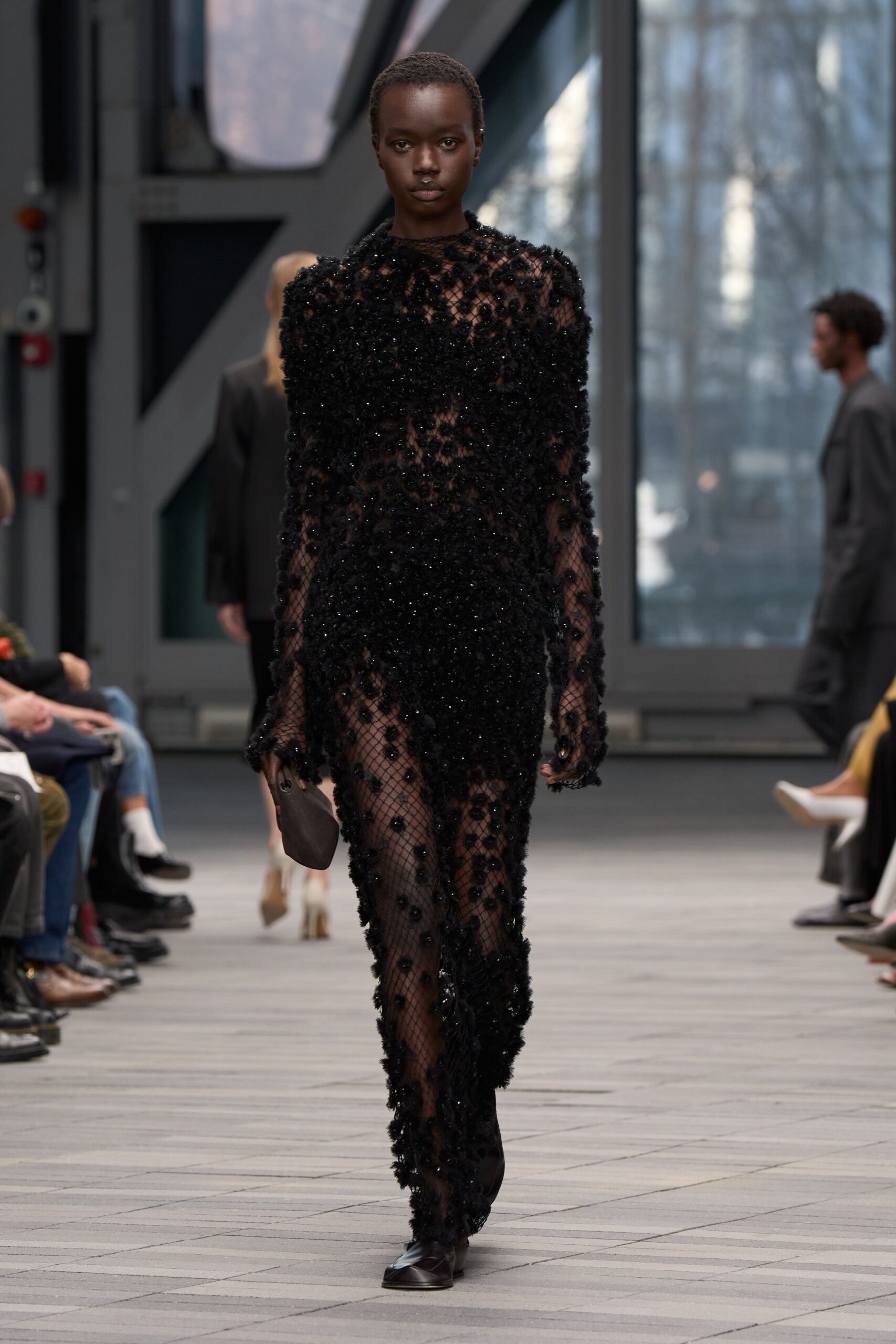 black silk long-sleeve high-neck fitted beaded draped gown