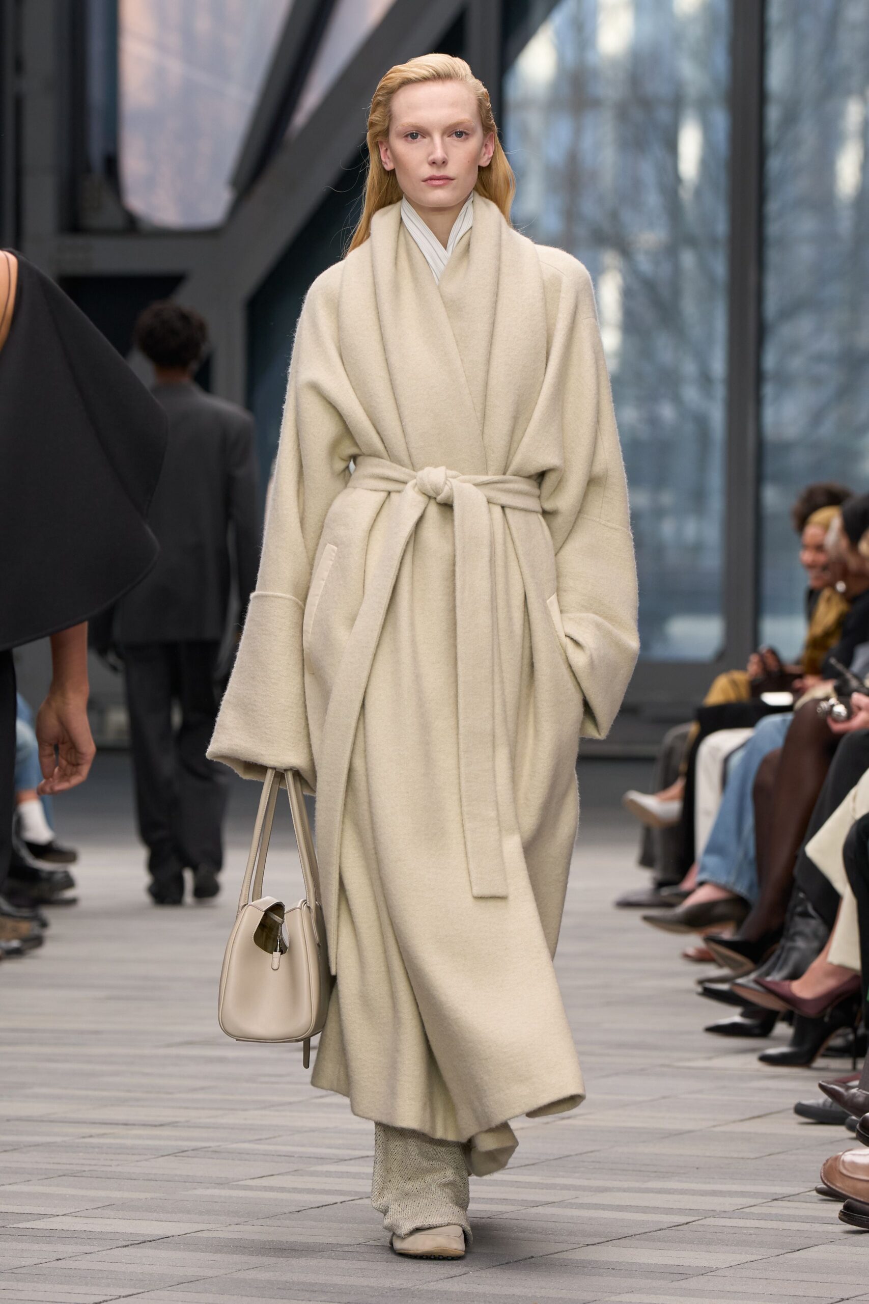 beige wool long-sleeve collared relaxed belted maxi coat
