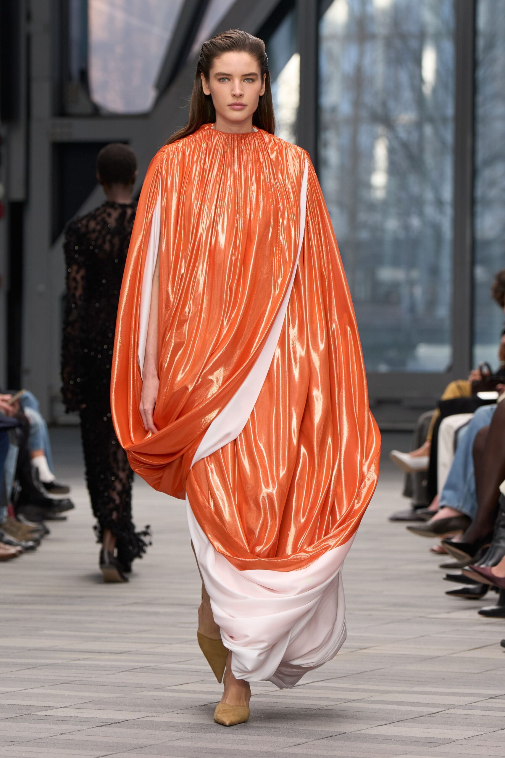 orange silk long-sleeve relaxed draped shiny maxi gown