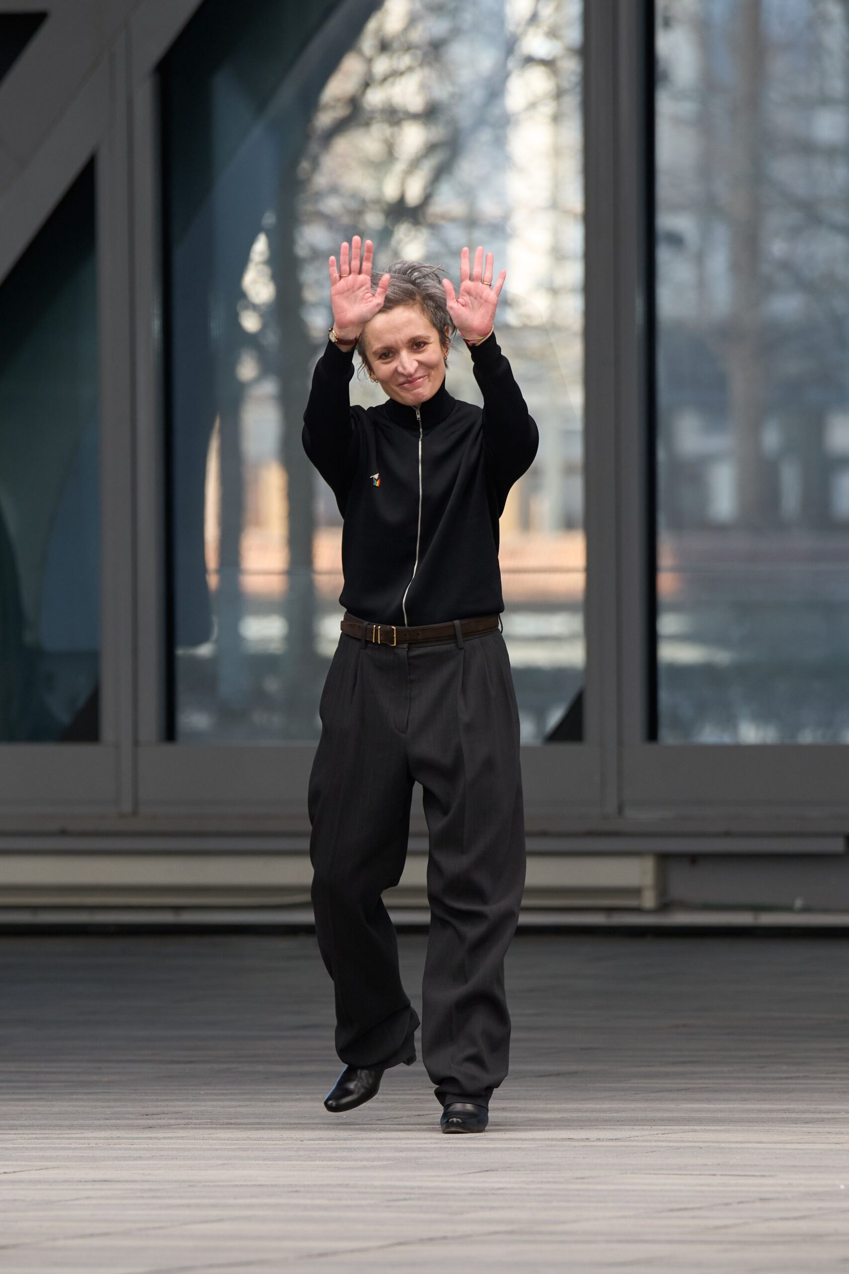 black fitted top gray relaxed pants
