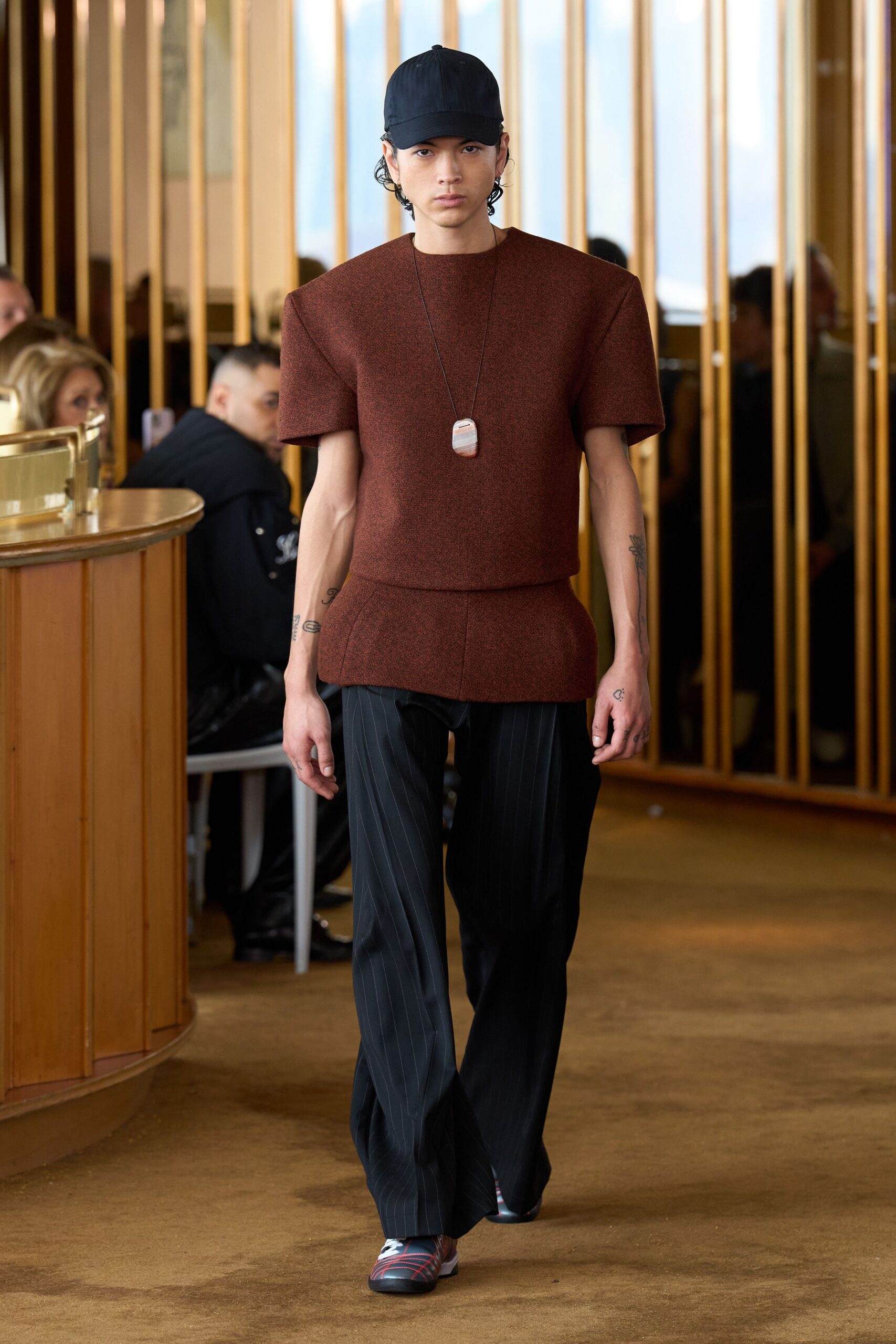 brown wool short-sleeve high-neck relaxed structured top