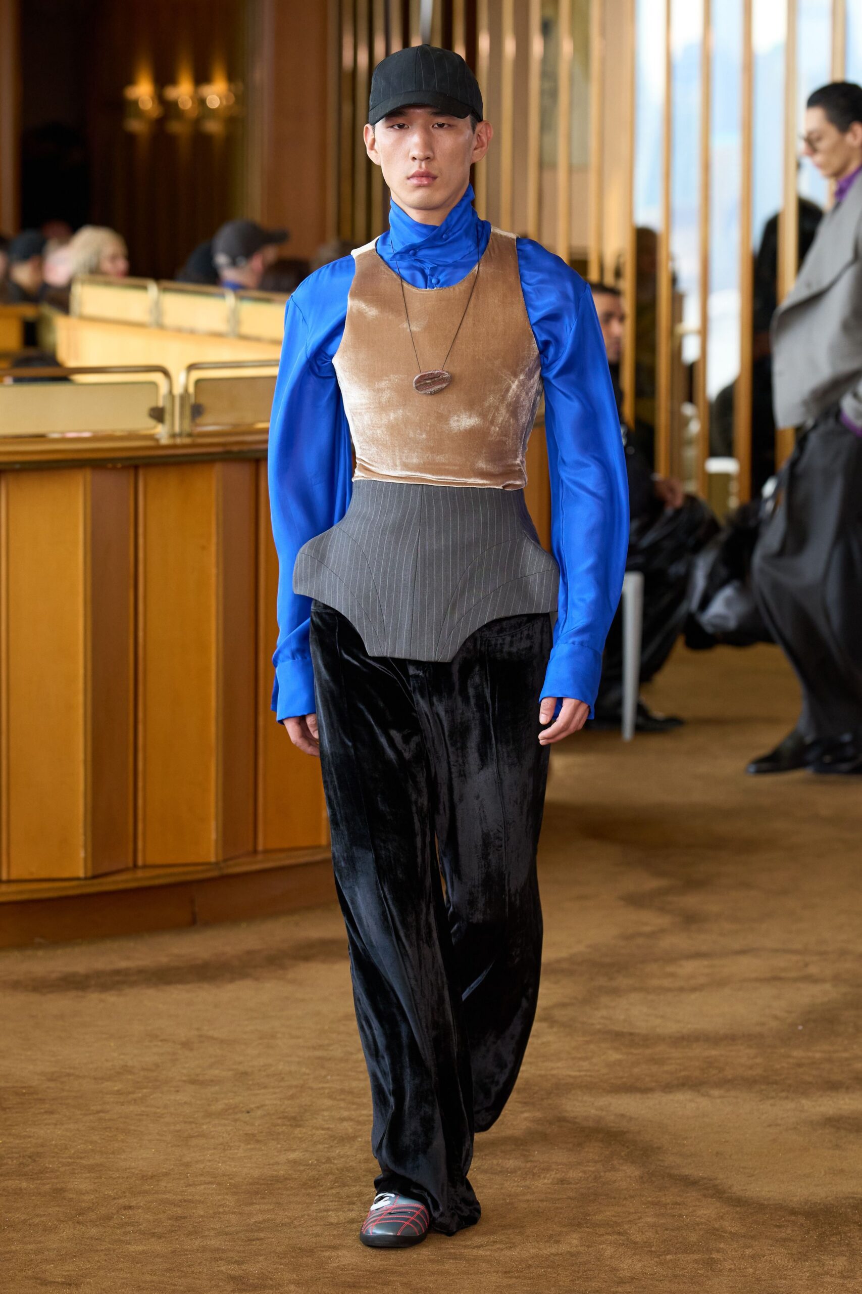blue silk top with beige velvet vest