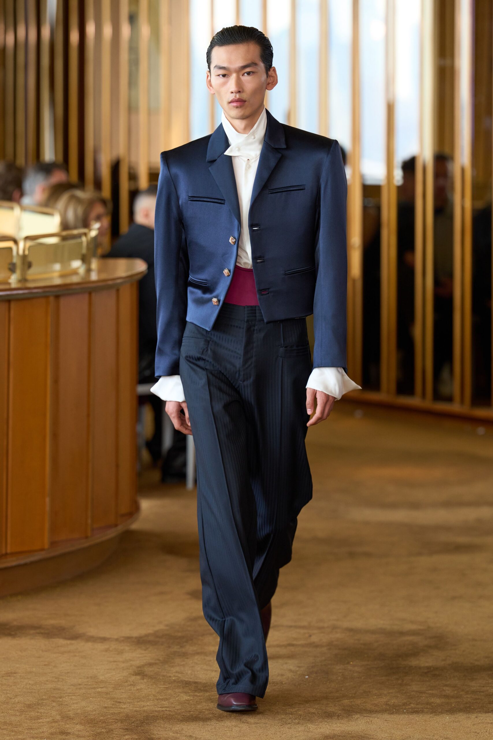 blue cotton long-sleeve collared structured buttoned jacket
