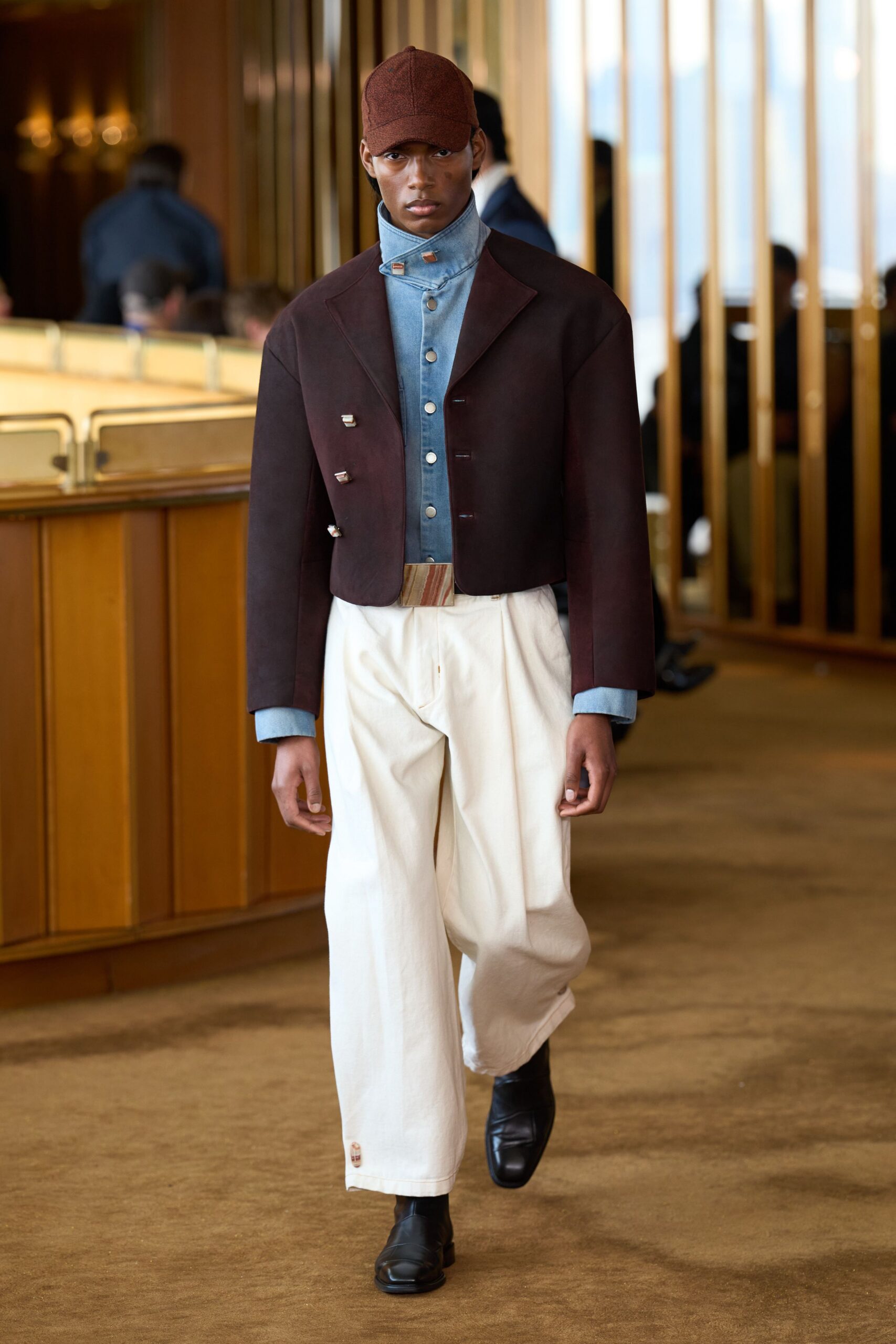 brown cotton short-sleeve collared structured buttoned jacket