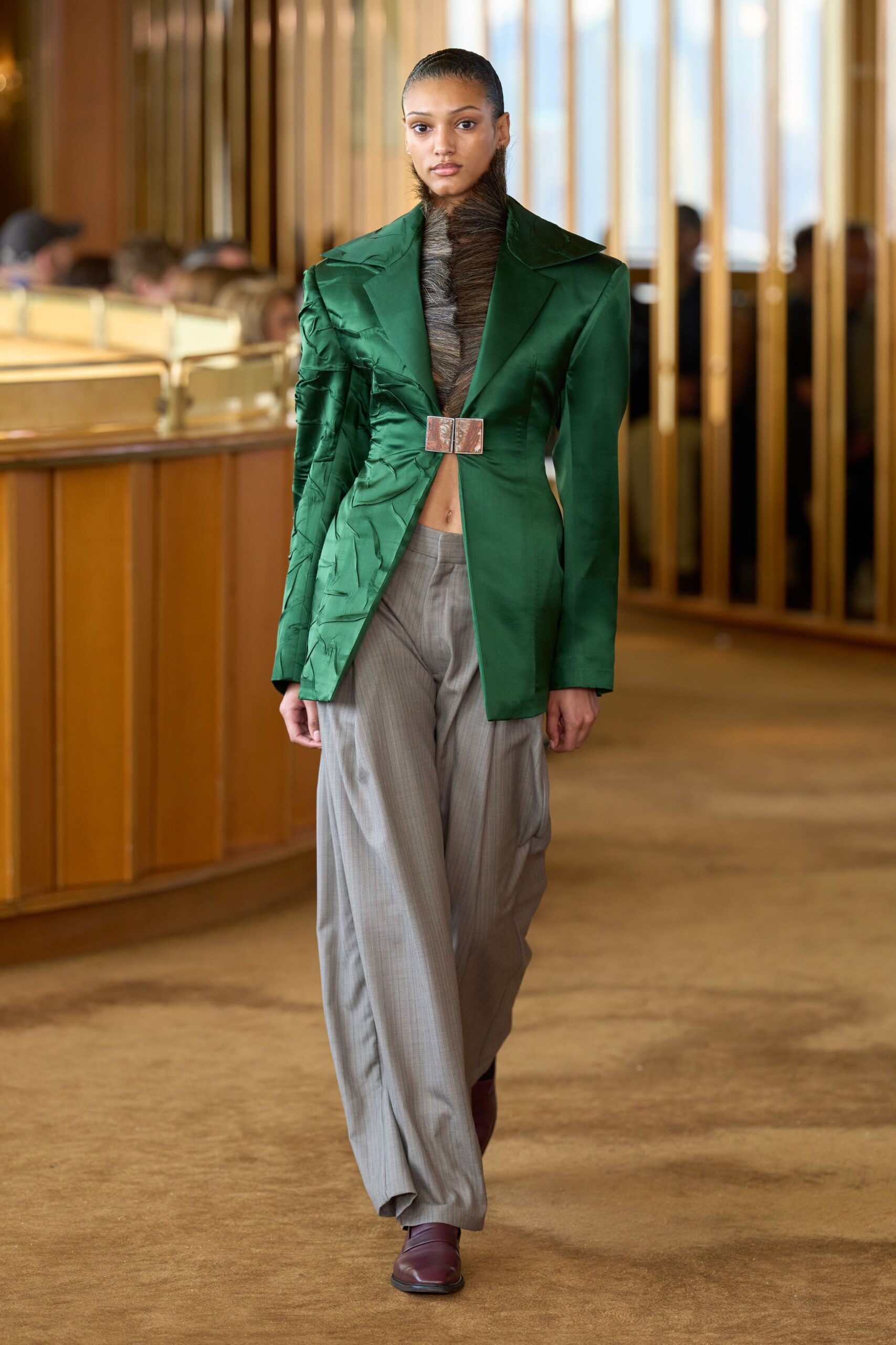 green silk long-sleeve collared tailored pleated belted blazer