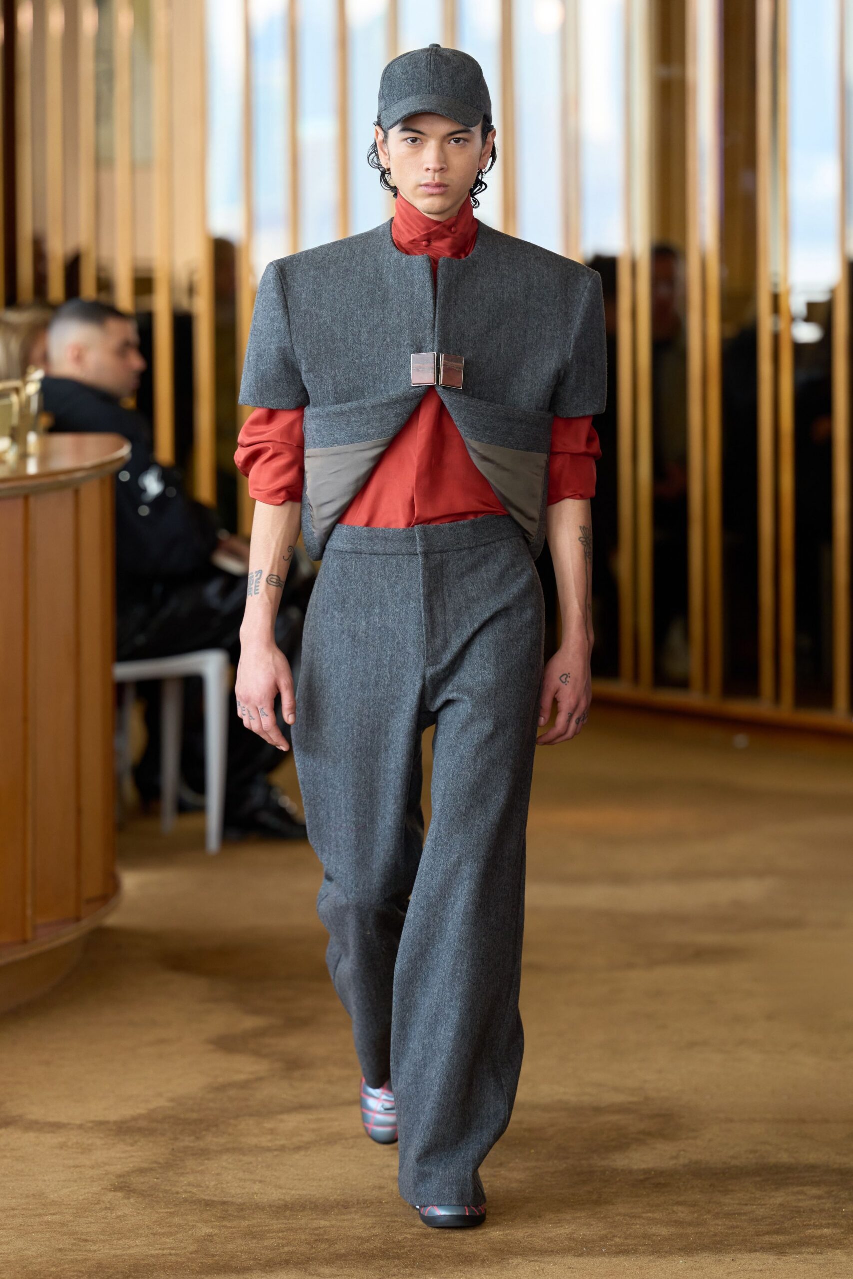 gray wool short-sleeve collared structured jacket