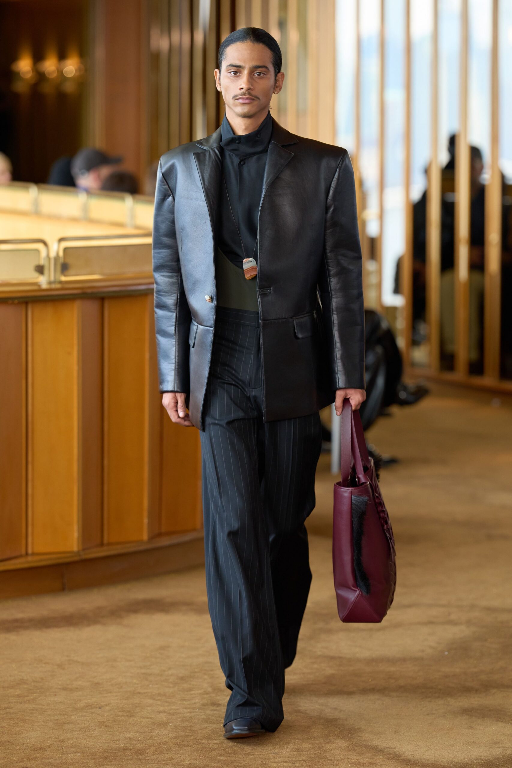 black leather long-sleeve collared structured blazer
