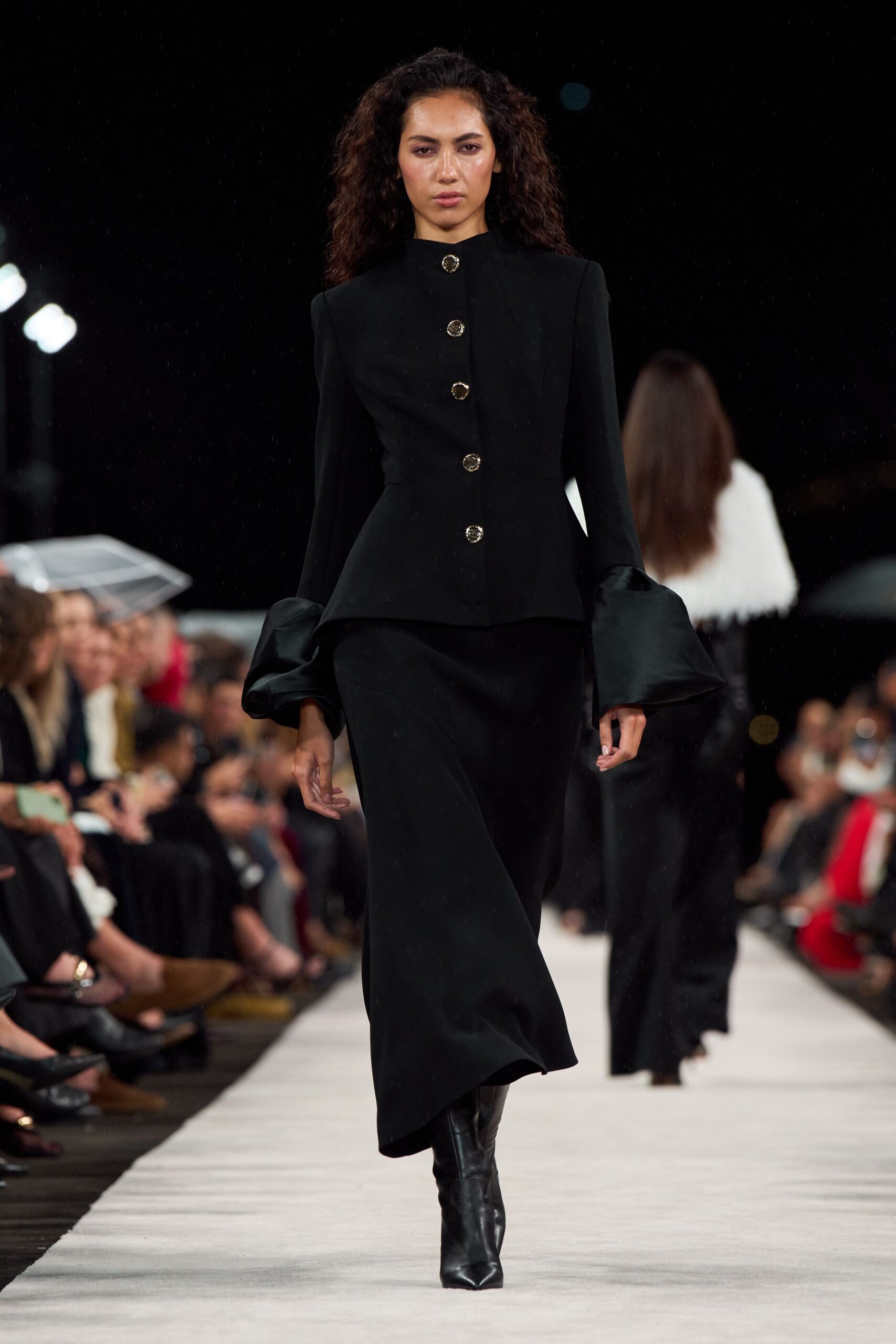 black wool long-sleeve collared fitted buttoned flared dress
