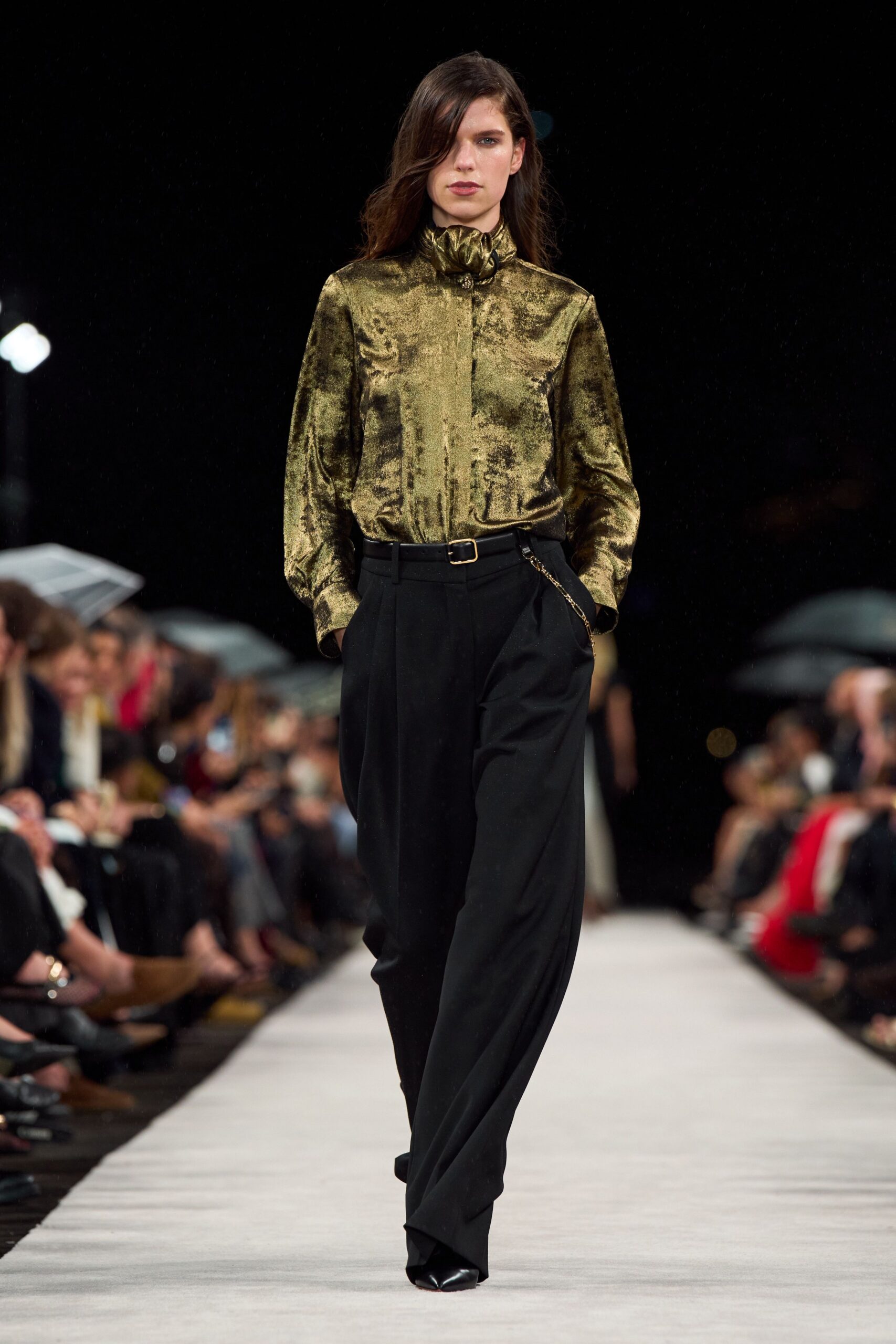 gold silk long-sleeve high-neck relaxed pleated shiny shirt