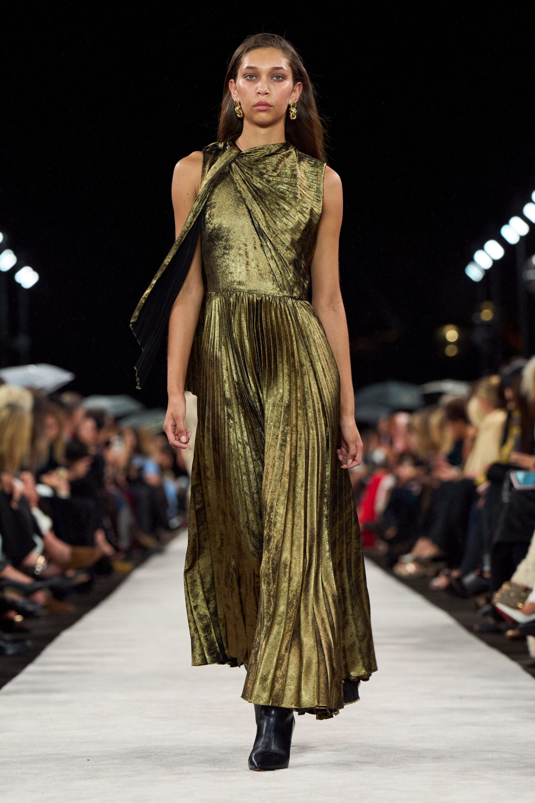 green silk sleeveless v-neck fitted pleated shiny gown