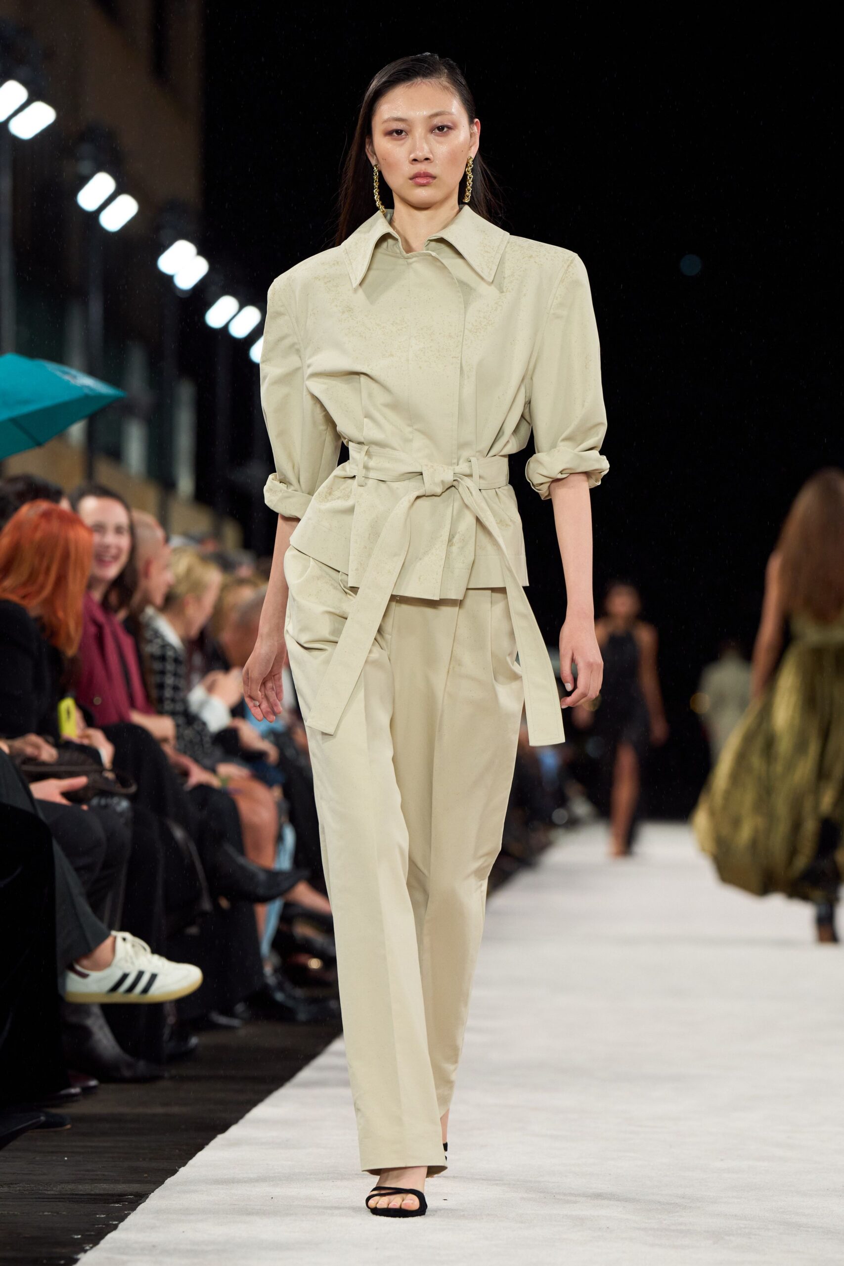 beige cotton long-sleeve collared relaxed belted blouse
