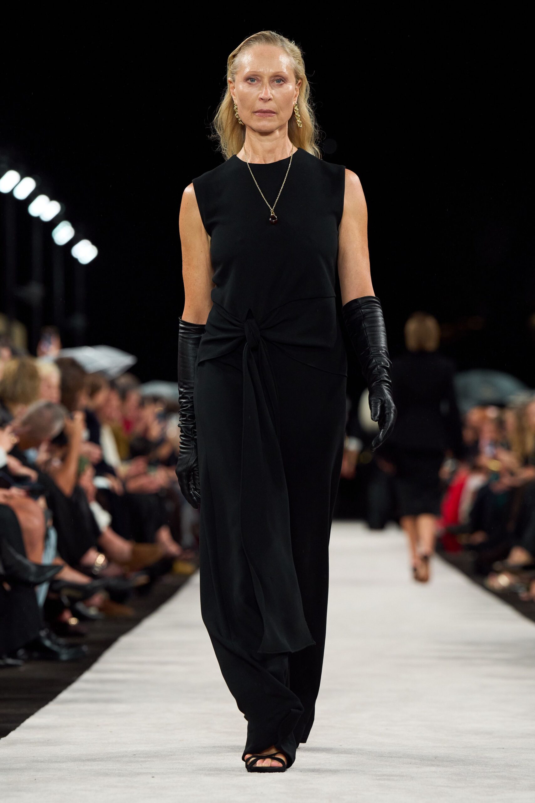 black silk sleeveless v-neck fitted draped midi dress