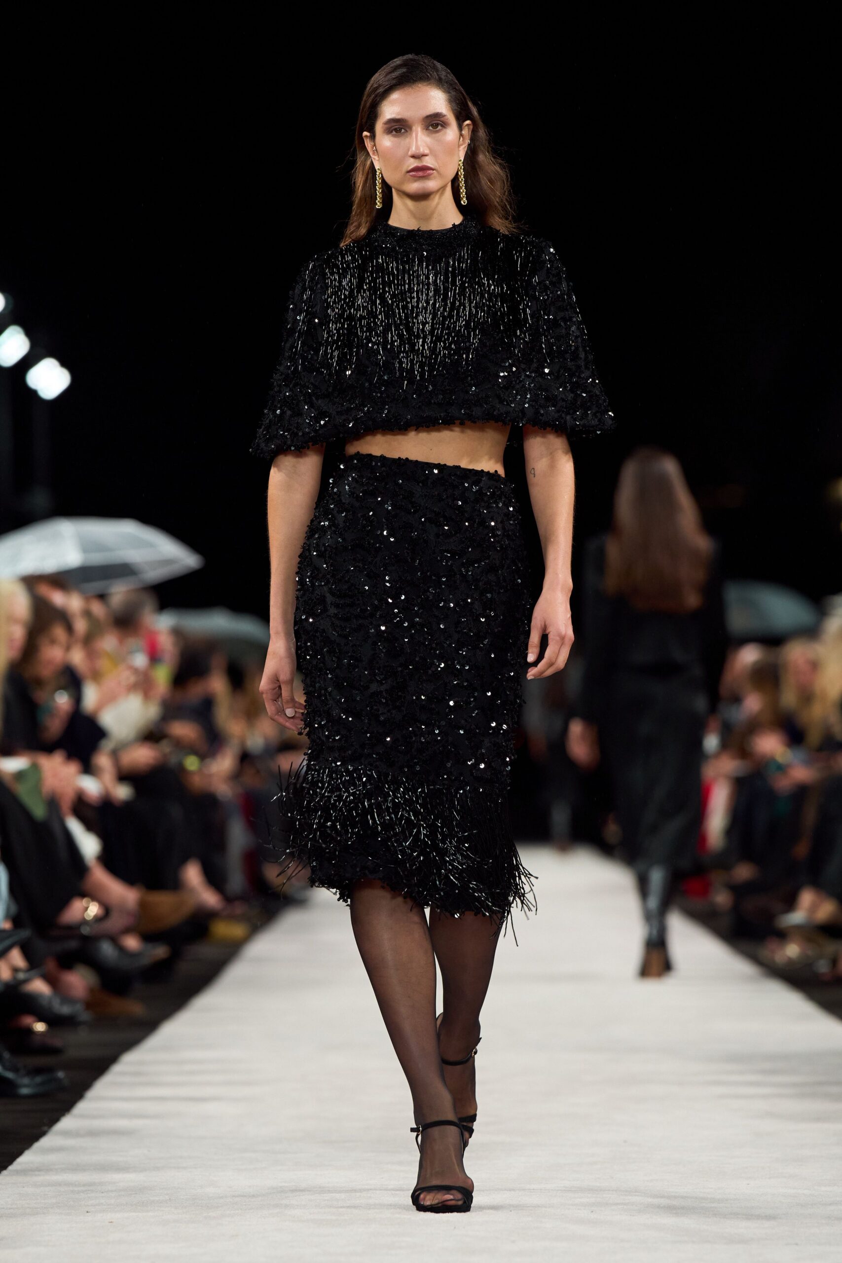 black silk fitted fringed beaded shiny midi skirt