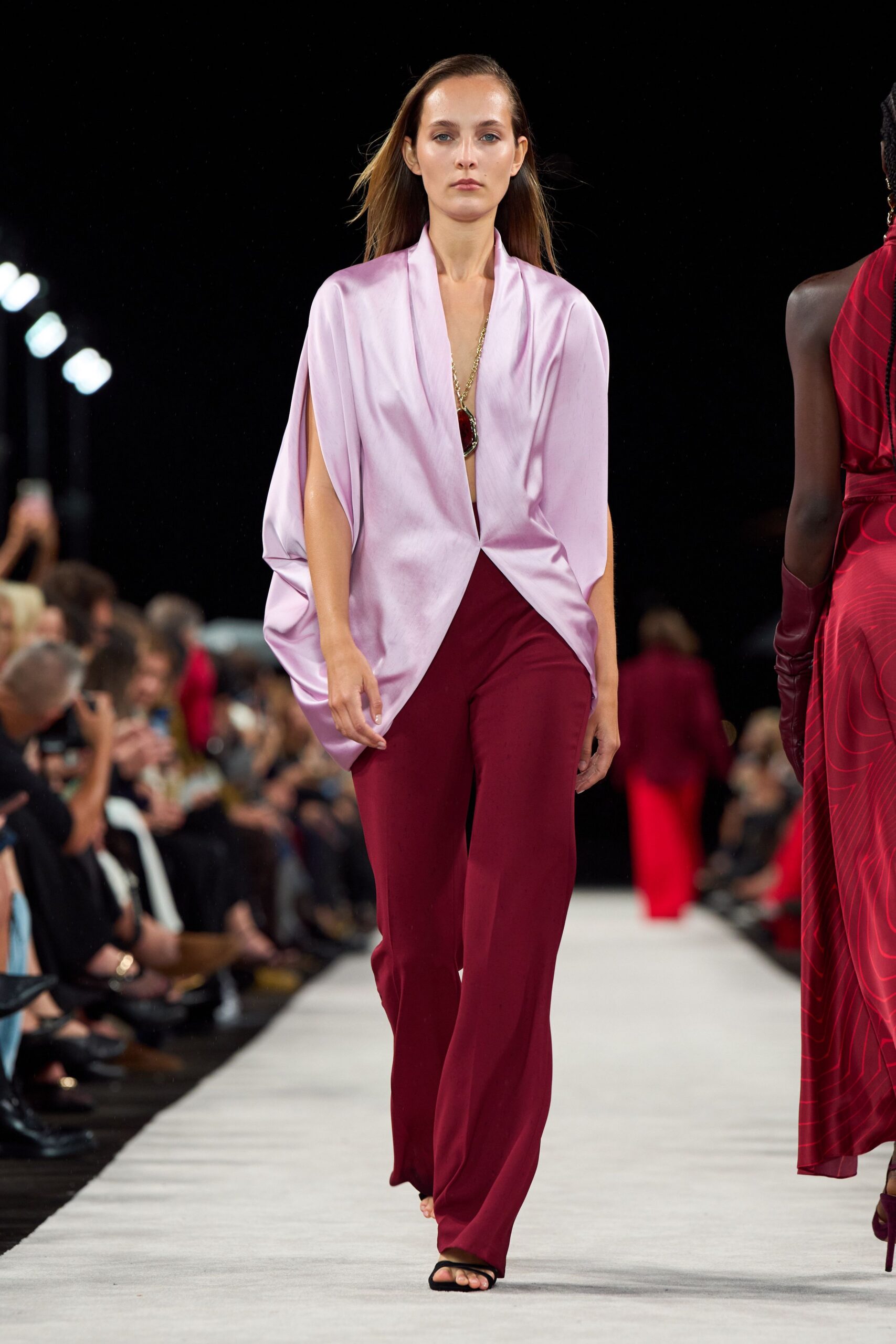 red silk fitted wide-leg pants