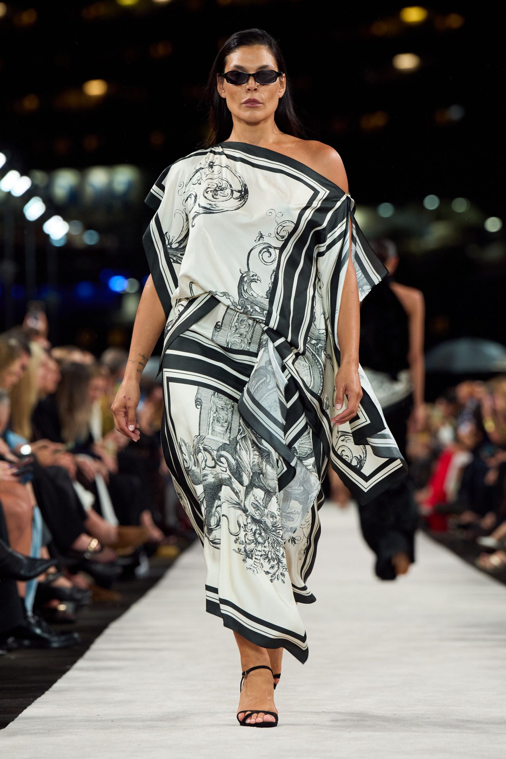 black silk off-shoulder relaxed printed maxi dress