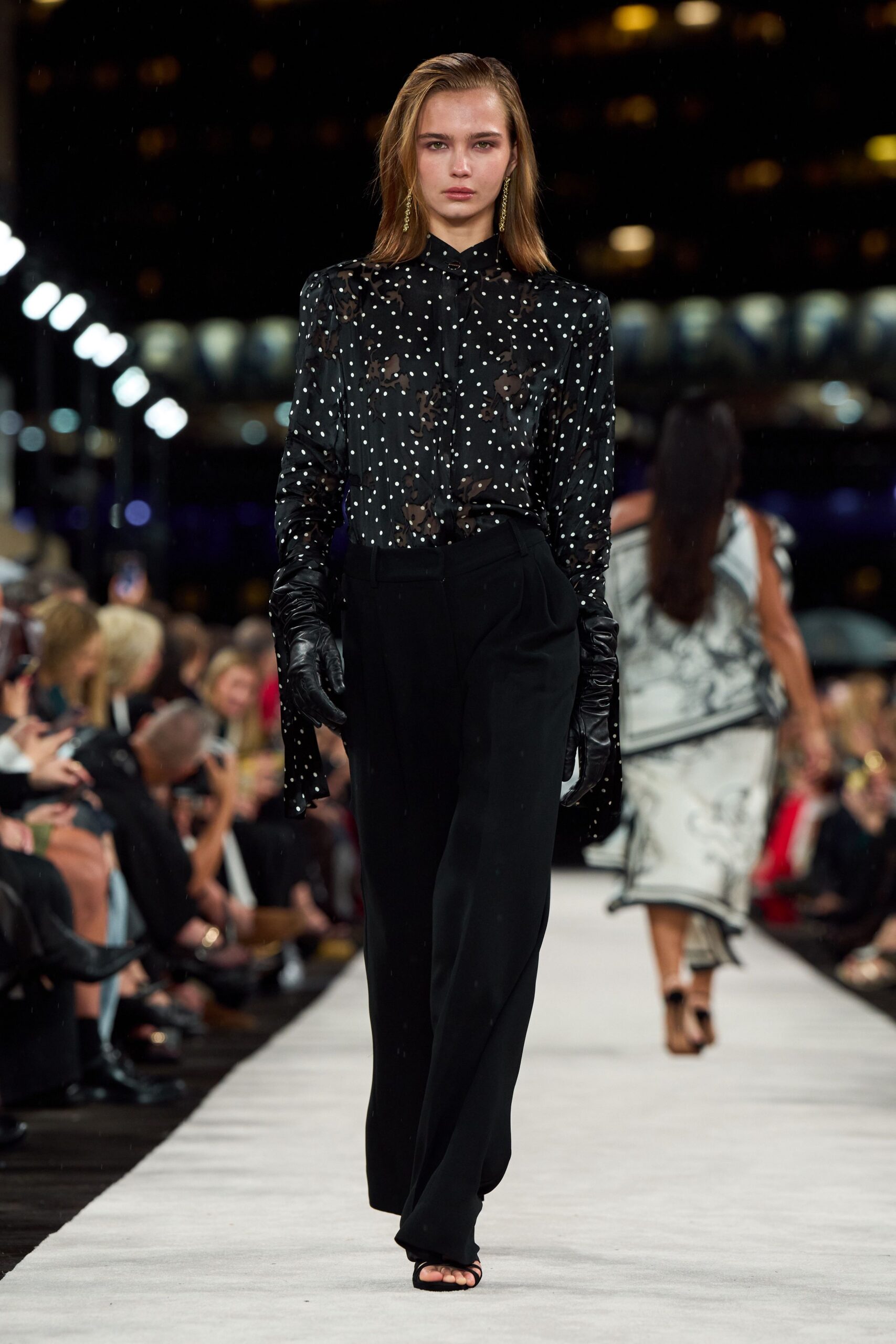 black silk long-sleeve collared fitted embellished sheer shirt