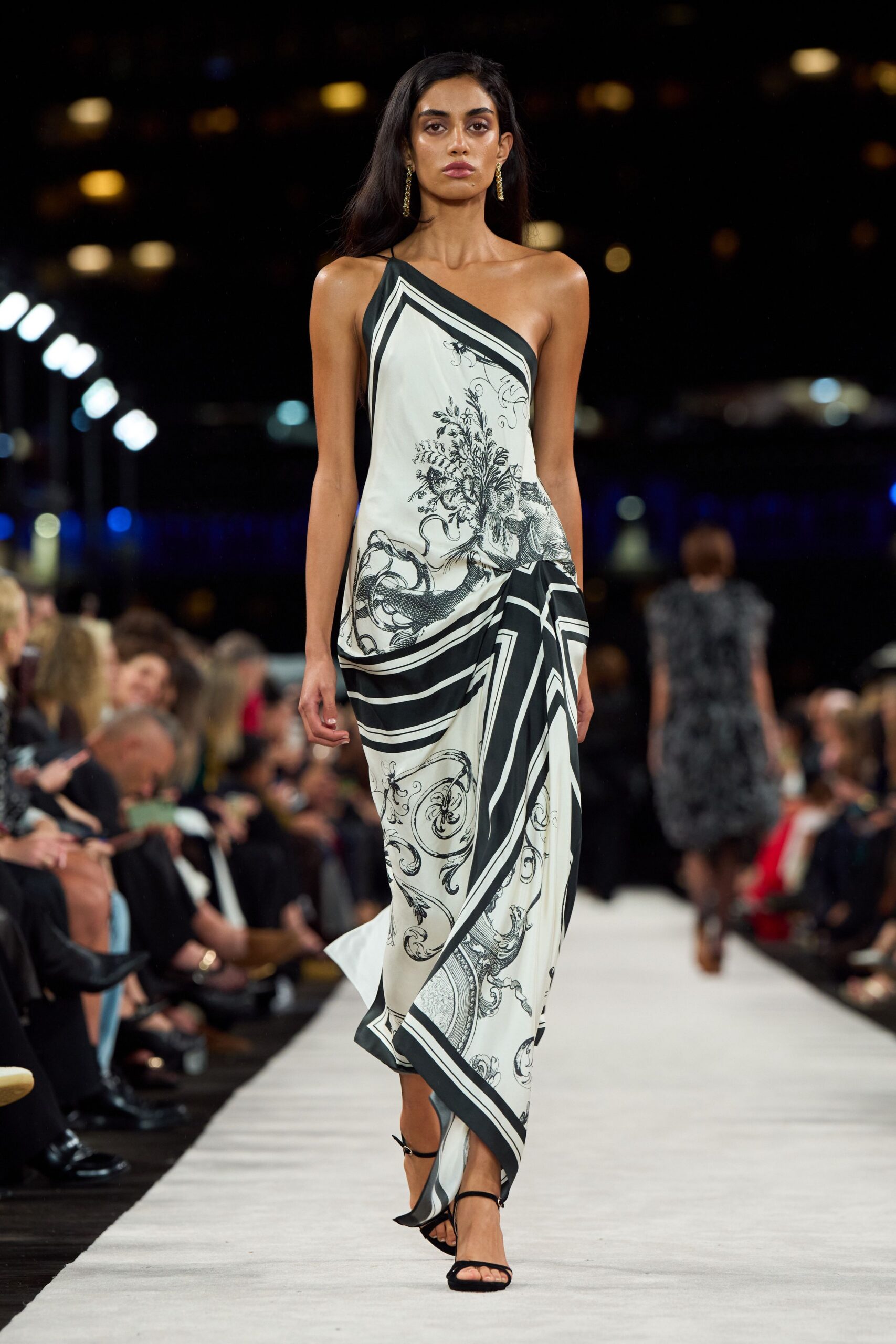 black silk sleeveless v-neck fitted draped printed dress