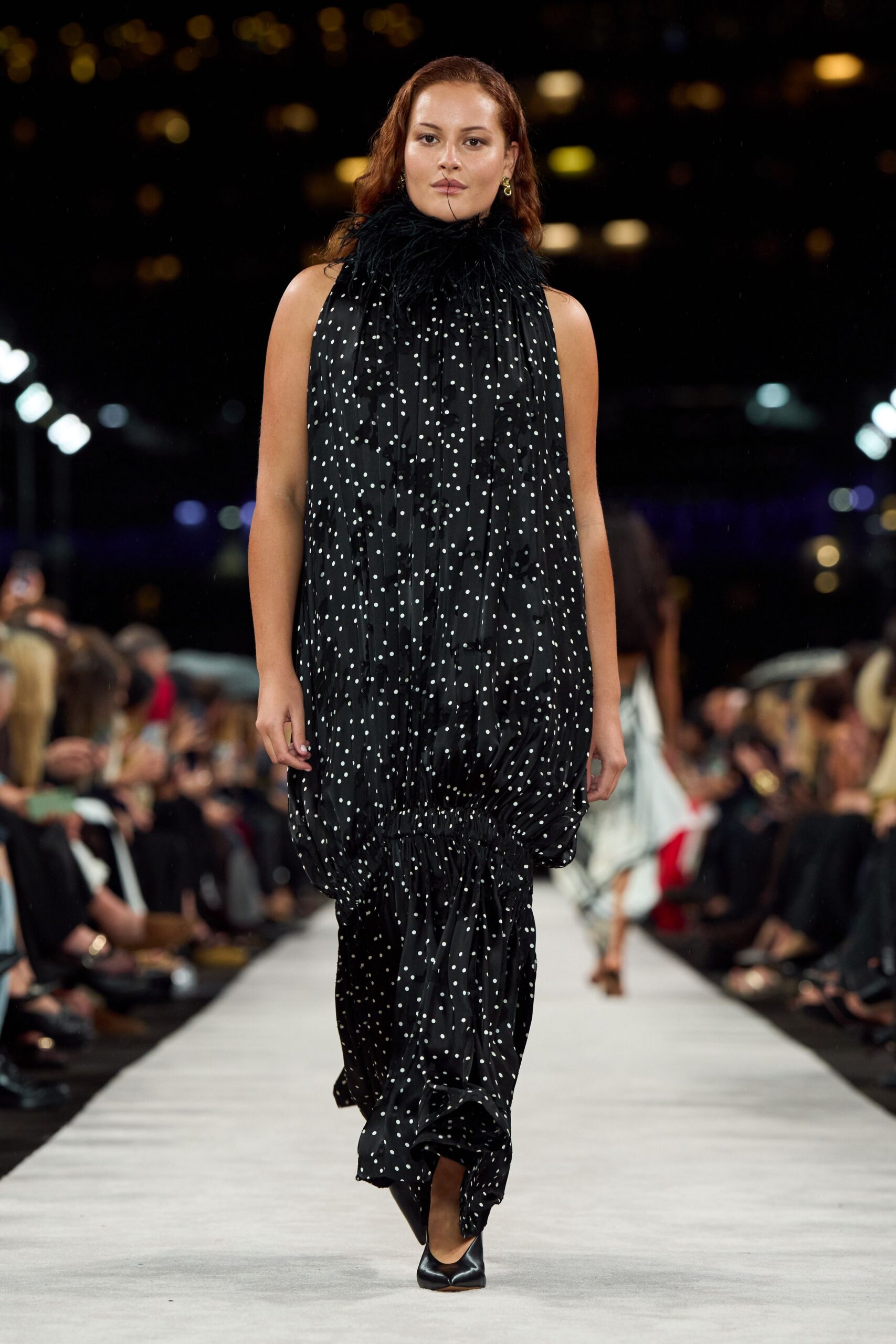 black silk sleeveless high-neck relaxed draped printed dress