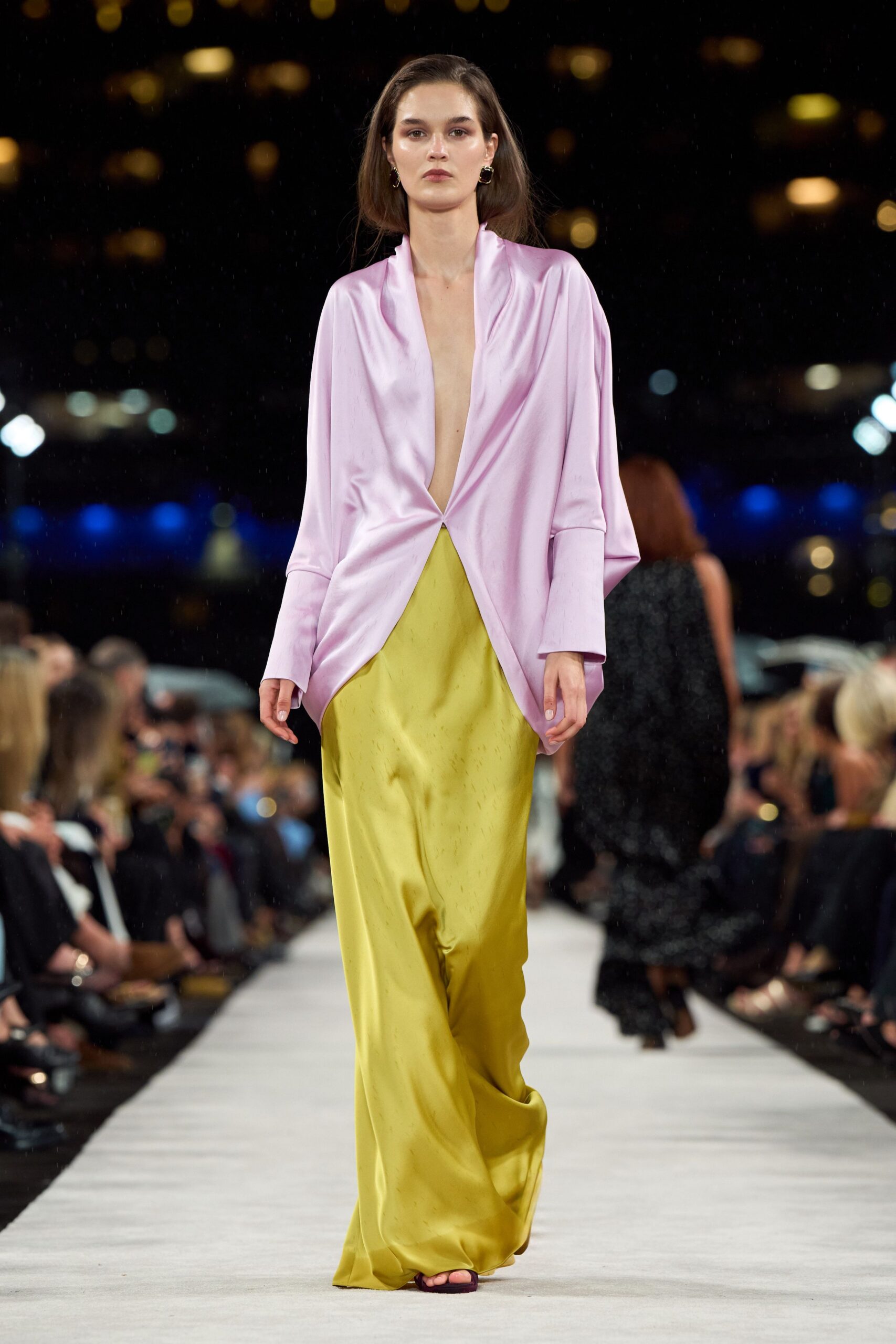 pink silk long-sleeve collared relaxed buttoned blazer